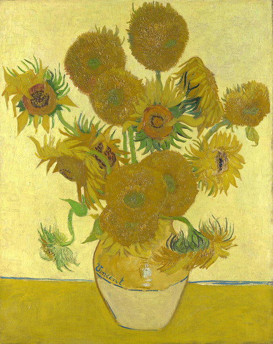 Sunflowers by Van Gogh showing vibrant petals, thick brushstrokes, and emotional intensity