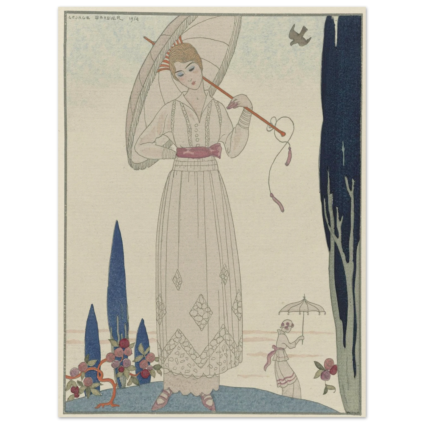Le cyprès et la rose ; Robe d’été de Doeuillet (1914) Art Print | George Barbier-Quipham Collections