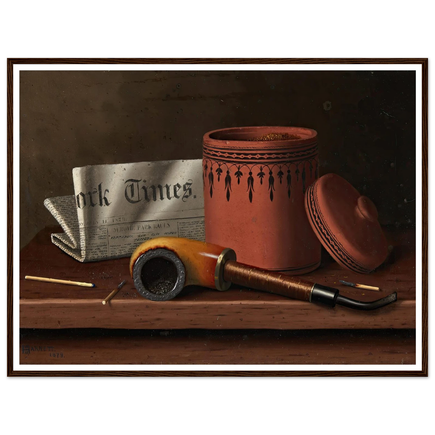 Still Life with New York Times, Tobacco Jar, Pipe and Matches (1879) Art Print | William Michael Harnett-Quipham Collections