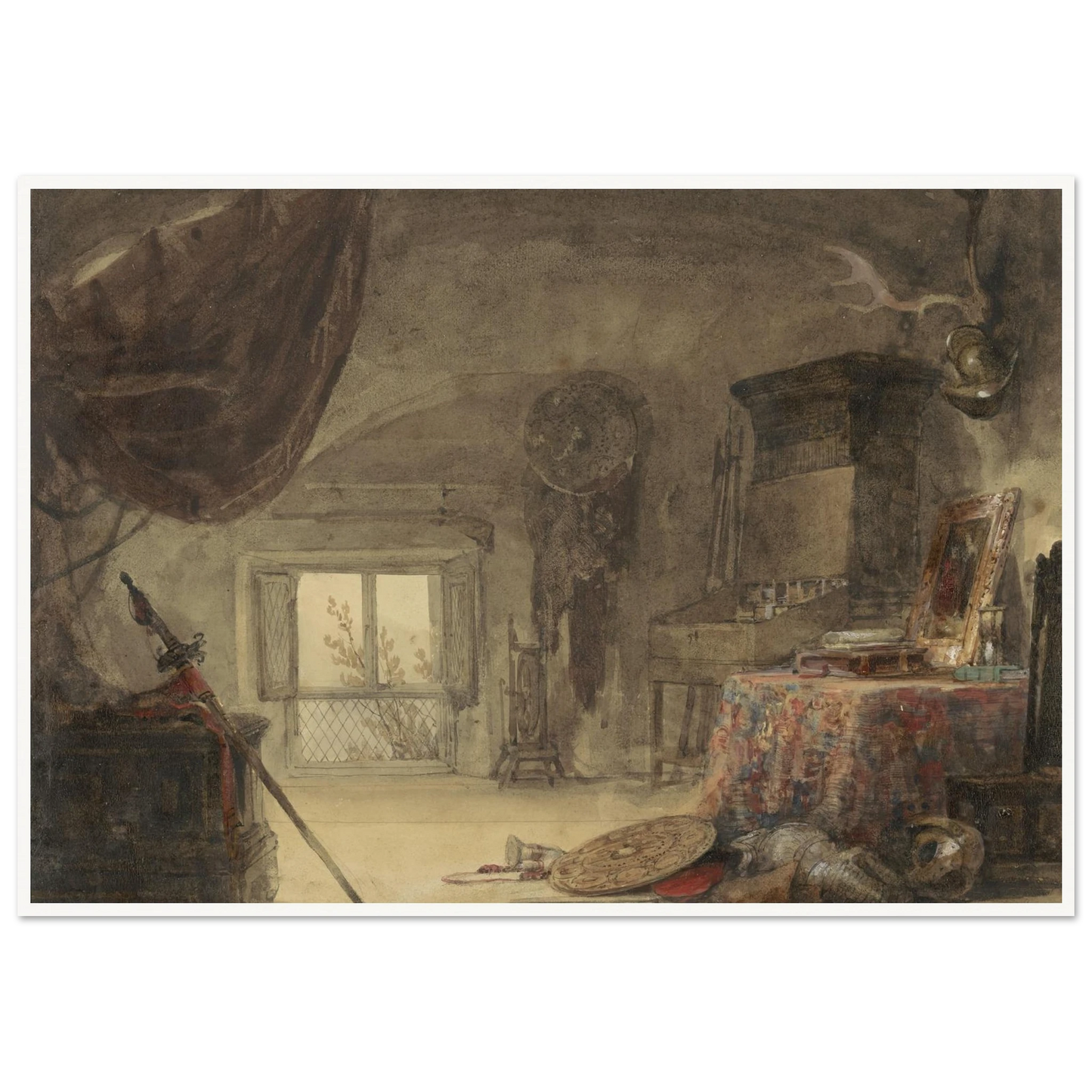Zoldervertrek, ingericht als atelier (1830 - 1839) Art Print | David Roberts-Quipham Collections