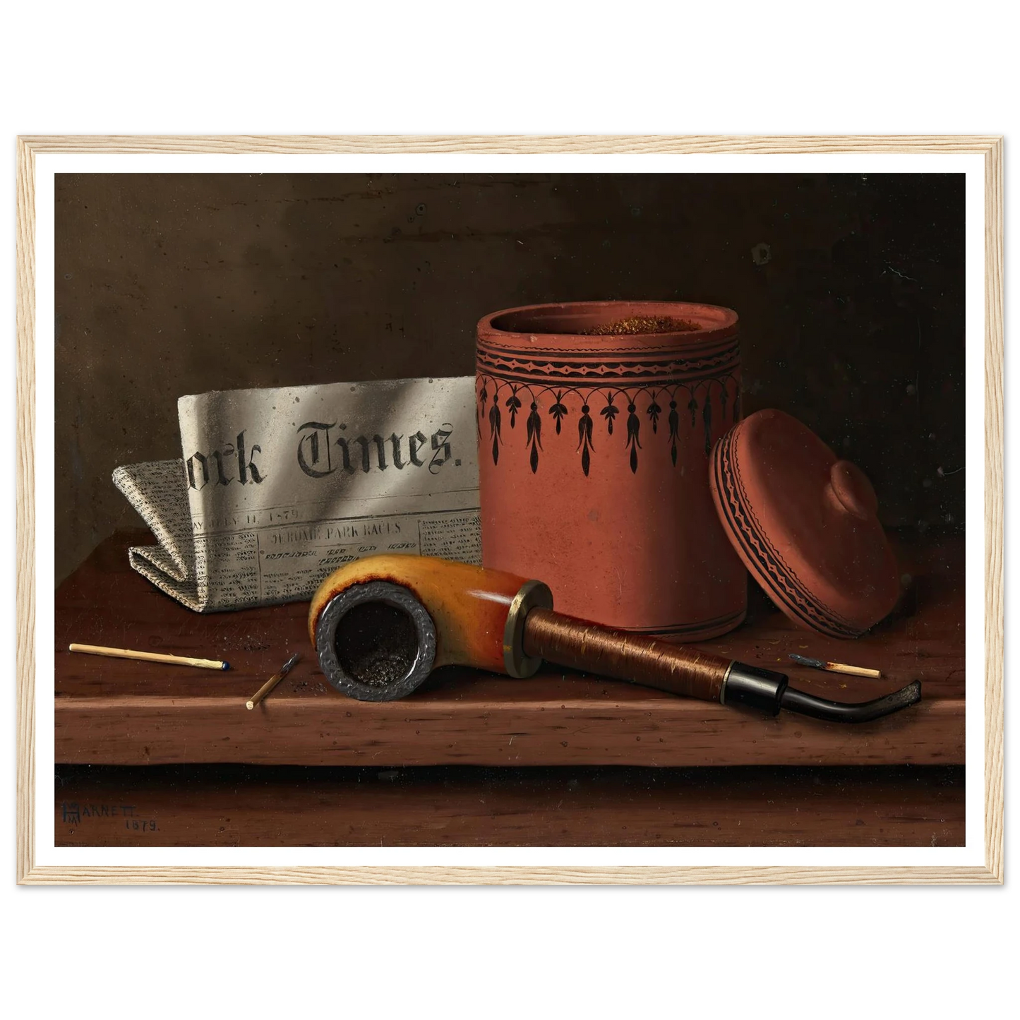 Still Life with New York Times, Tobacco Jar, Pipe and Matches (1879) Art Print | William Michael Harnett-Quipham Collections