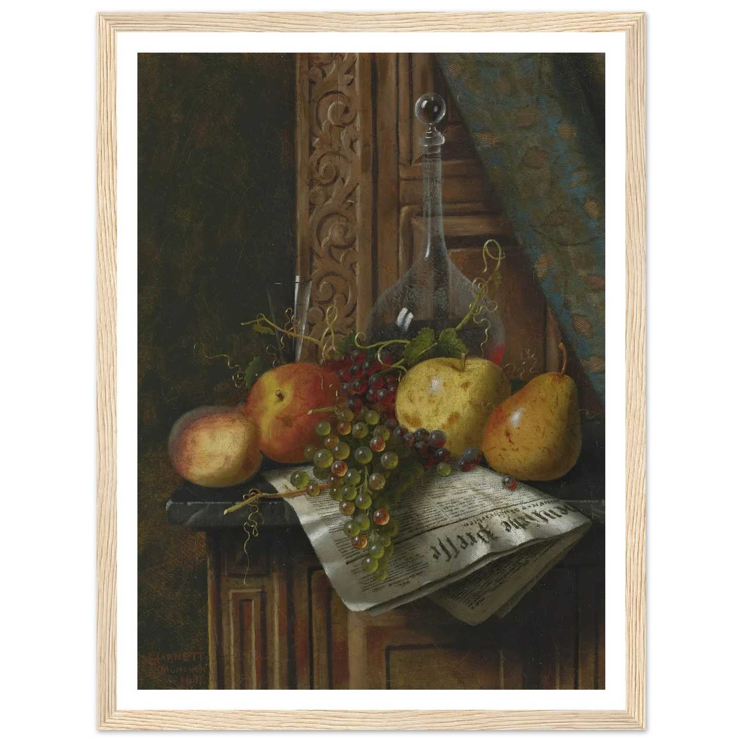 Still Life with Munich Newspaper, Fruit and Decanter (1881) Art Print | William Michael Harnett-Quipham Collections