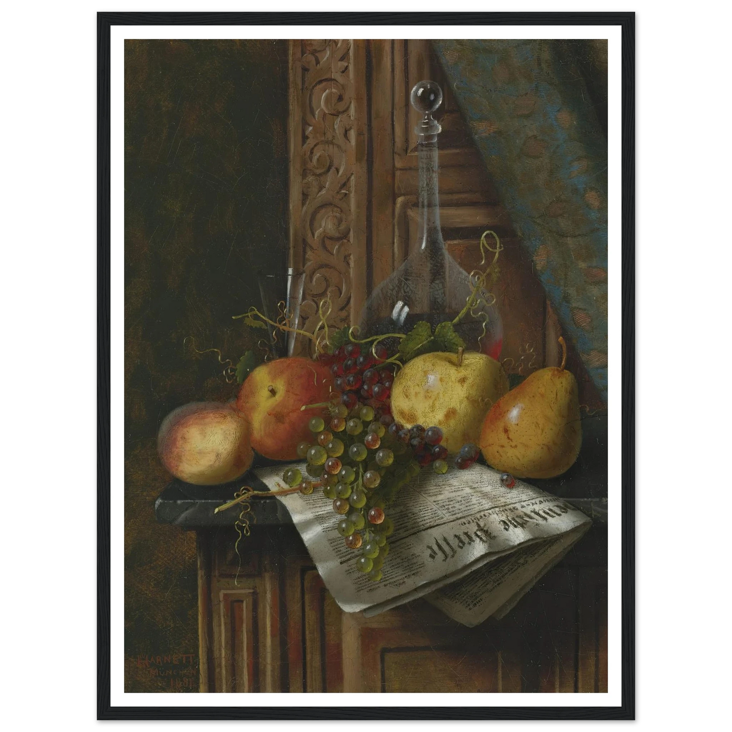 Still Life with Munich Newspaper, Fruit and Decanter (1881) Art Print | William Michael Harnett-Quipham Collections