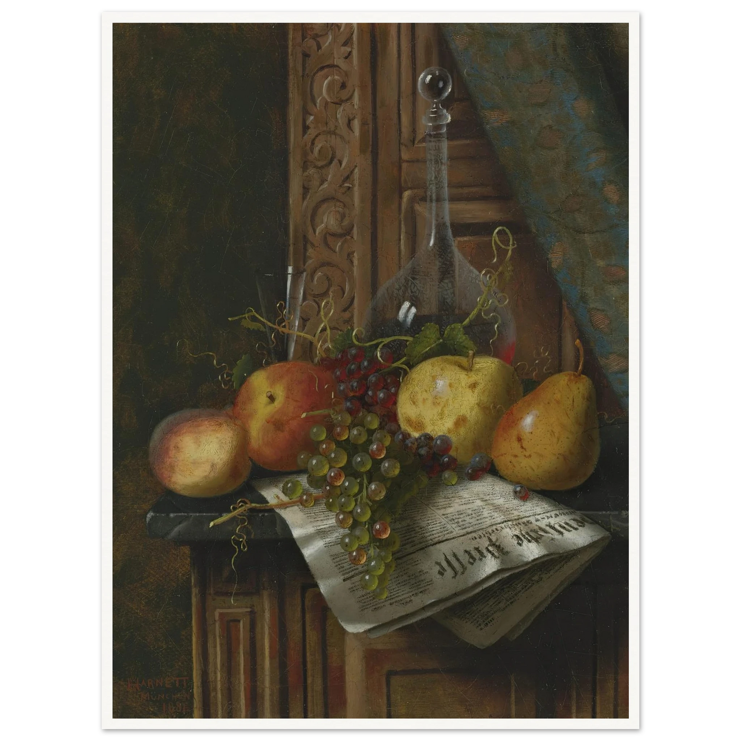 Still Life with Munich Newspaper, Fruit and Decanter (1881) Art Print | William Michael Harnett-Quipham Collections