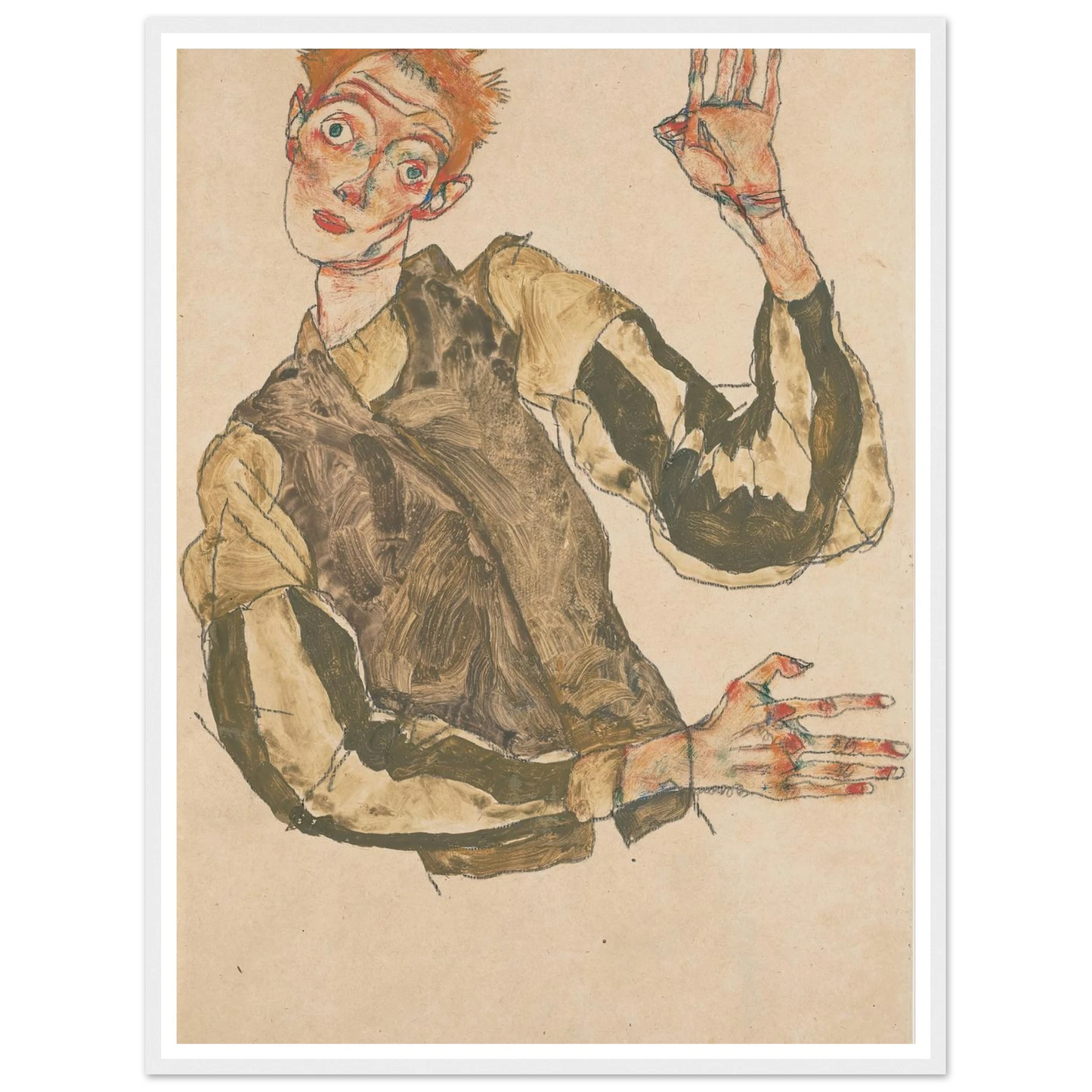 Self-Portrait with Striped Sleeves (1915) Art Print | Egon Schiele-Quipham Collections