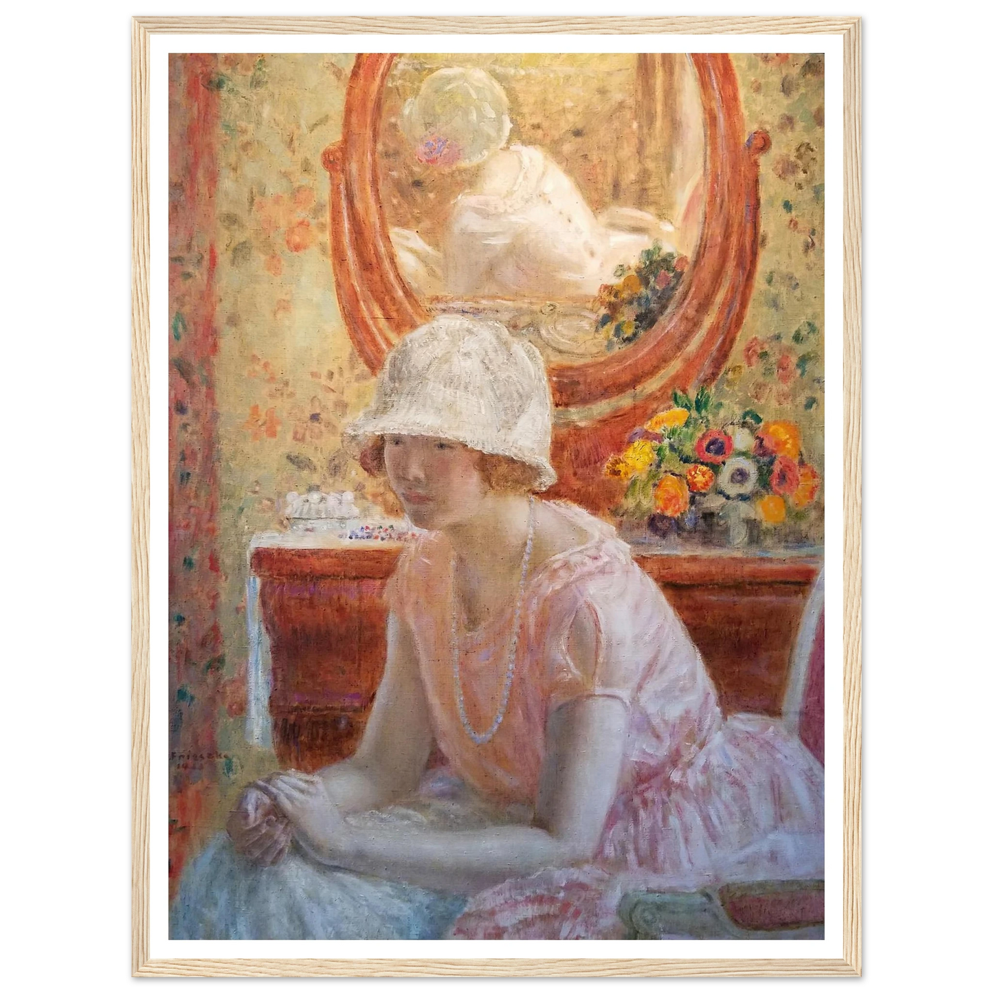 Young Girl Before a Mirror in a Pink Dress (1923) Art Print | Frederick Carl Frieseke-Quipham Collections