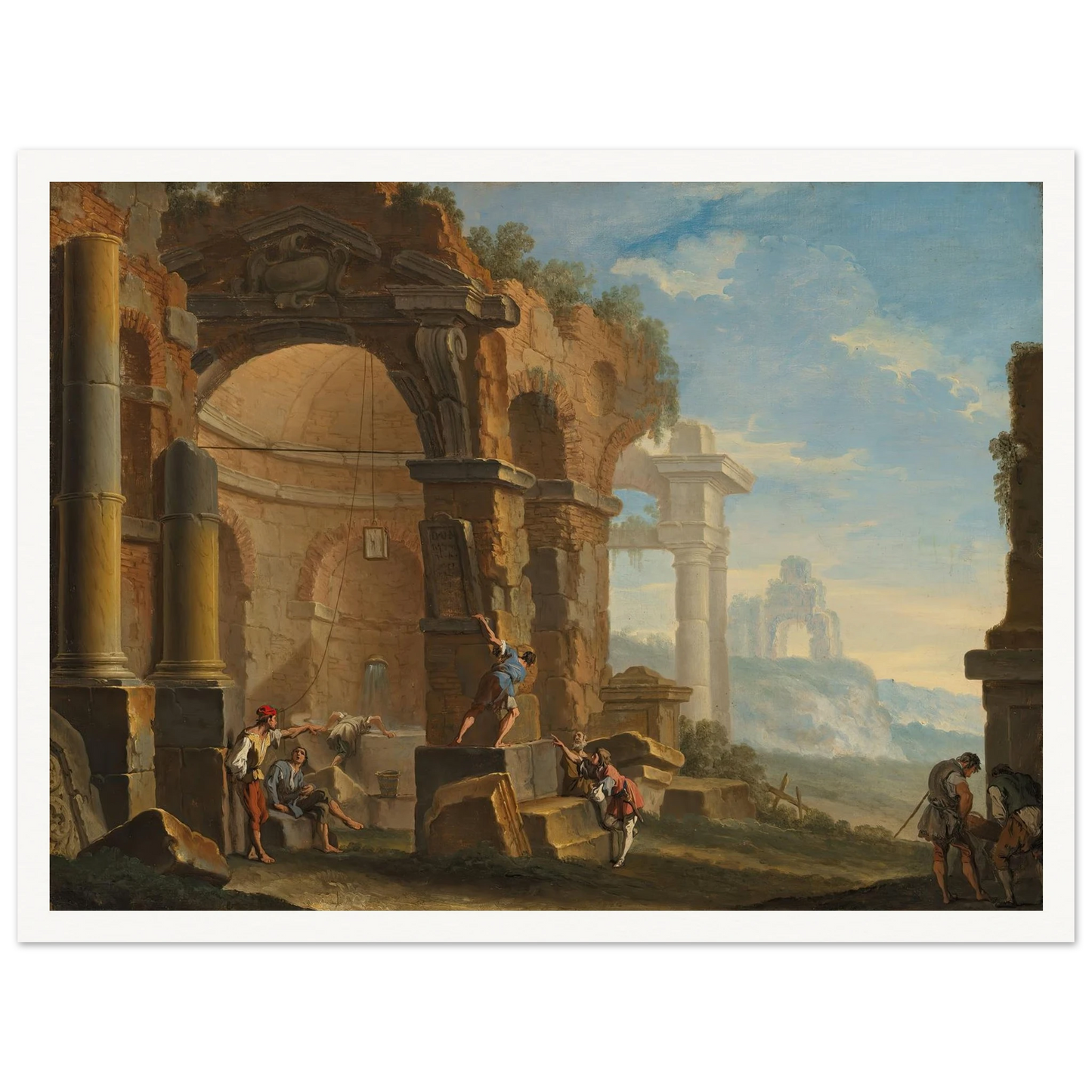 A capriccio with figures conversing by classical ruins Art Print | Sebastiano Ricci-Quipham Collections