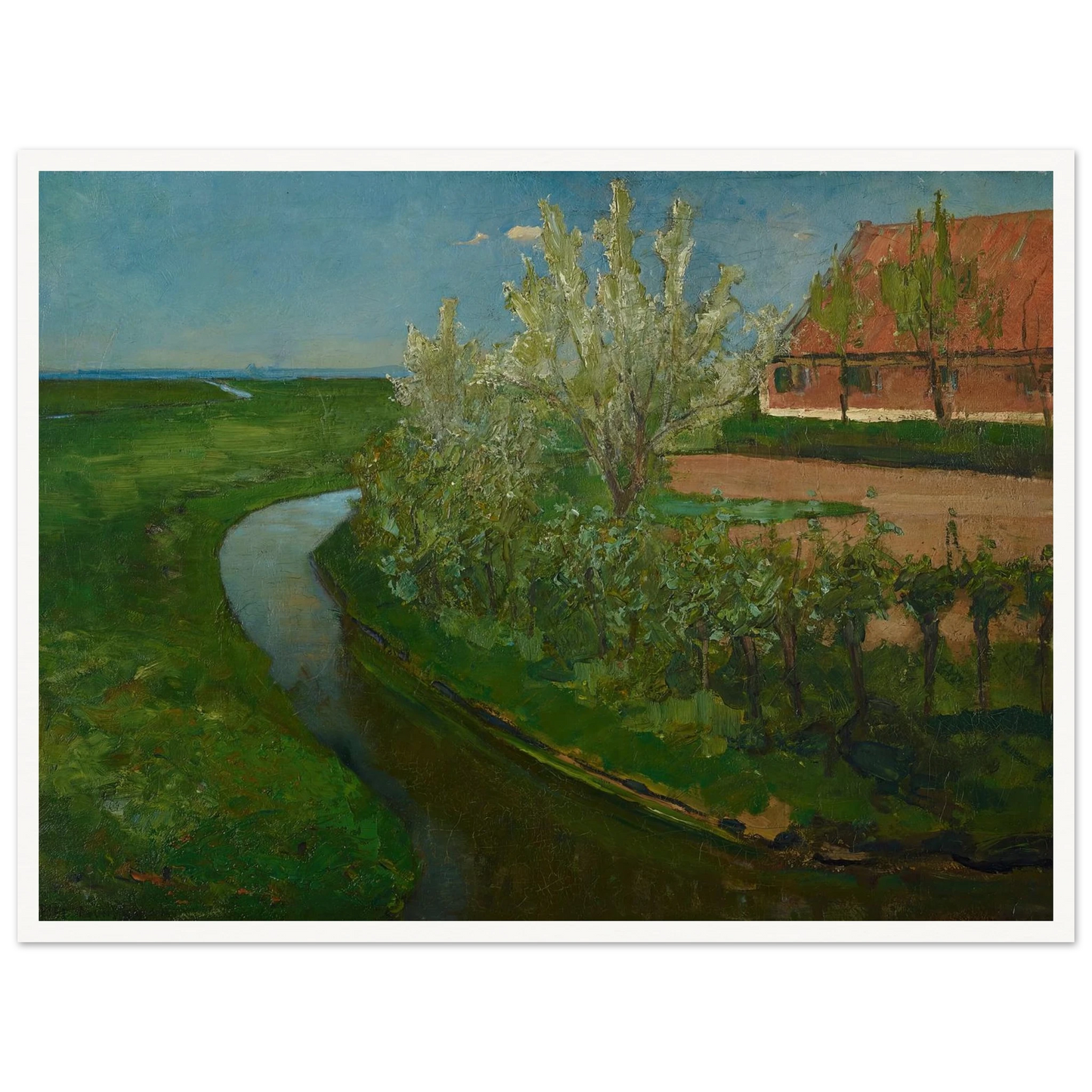 Gebogen irrigatiegracht grenzend aan boerenerf met Bloeiende bomen (Curved Irrigation Ditch Bordering Farmyard with Flowering Trees) (1902) Art Print | Piet Mondrian-Quipham Collections