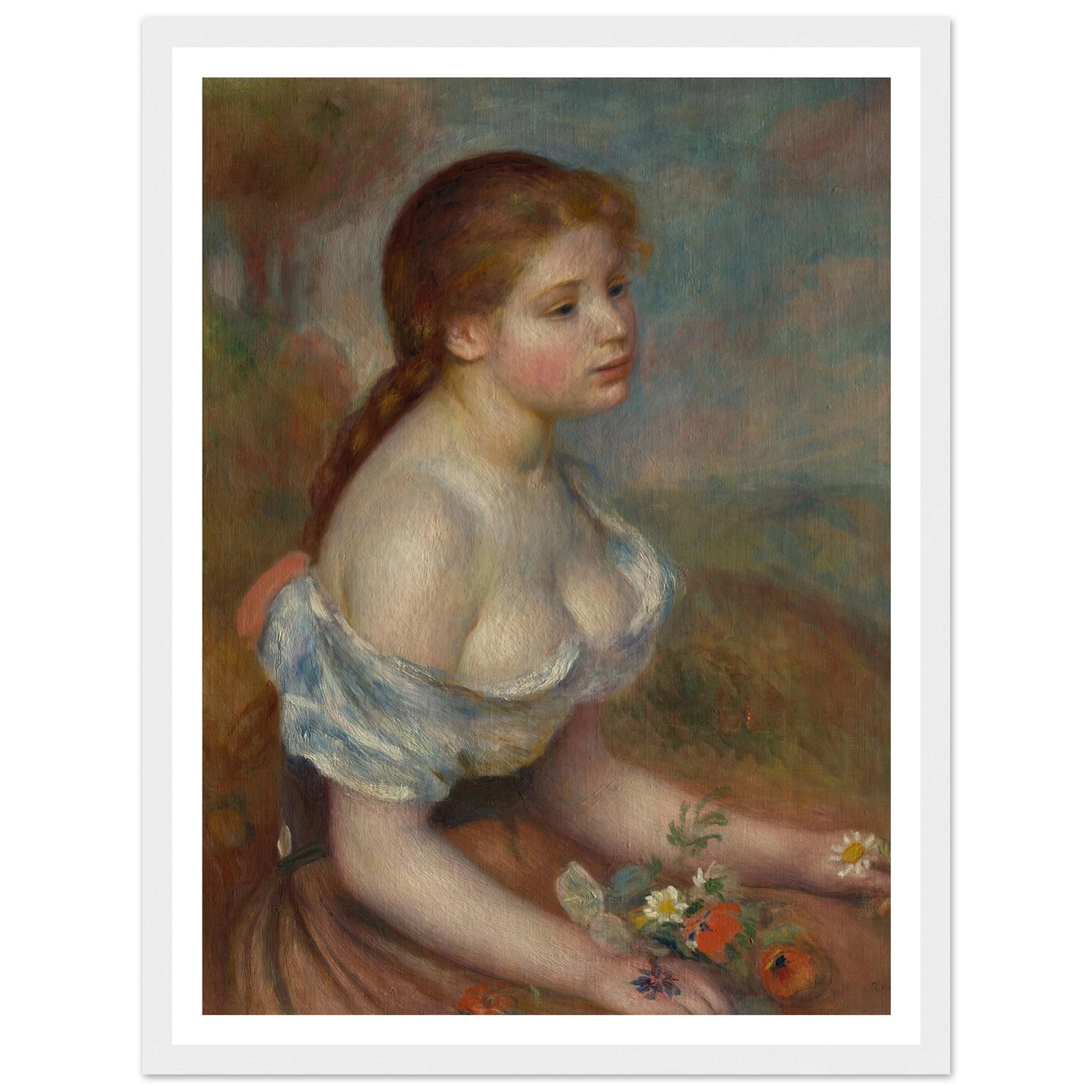 A Young Girl with Daisies (1889) Art Print | Pierre Auguste Renoir-Quipham Collections