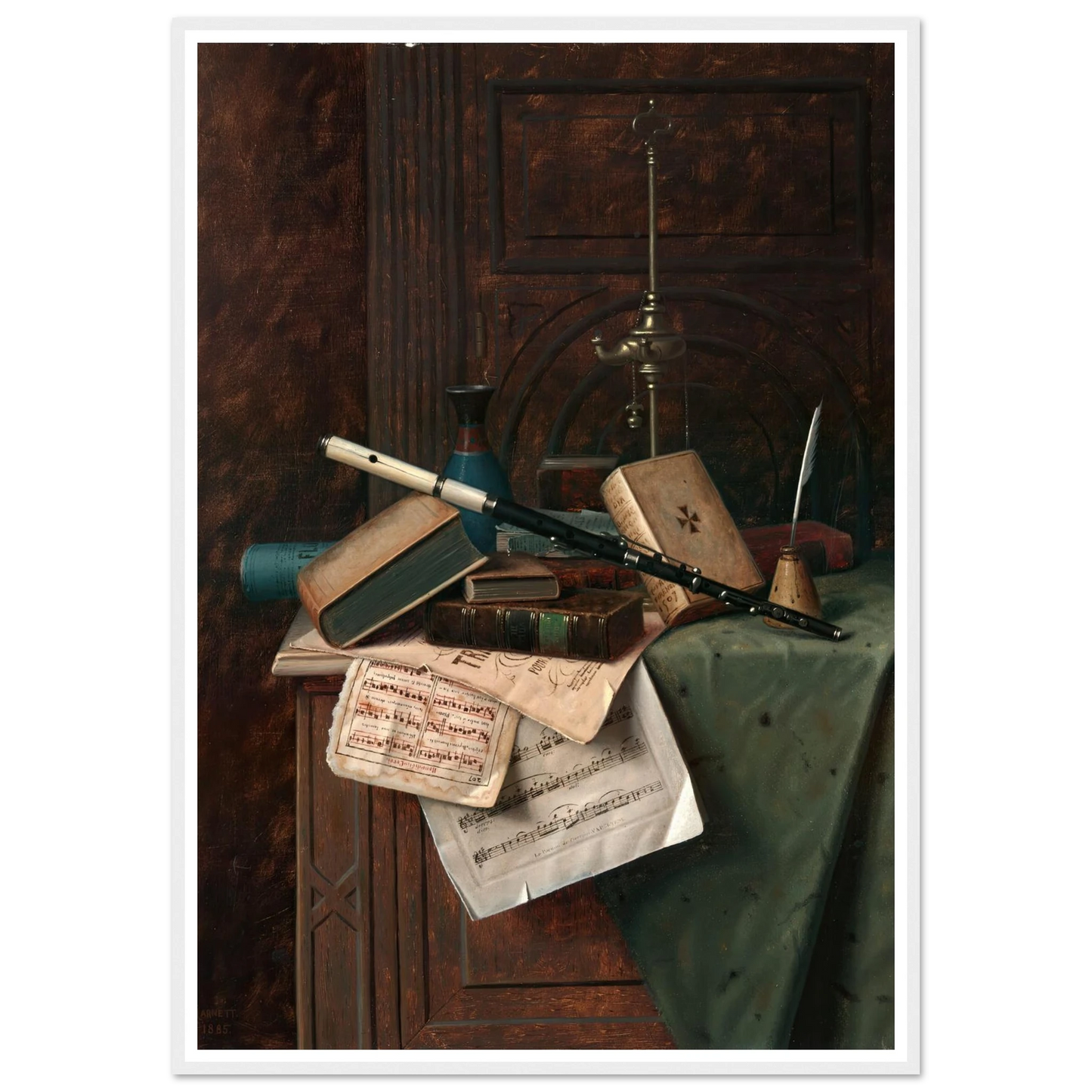 Still Life with Flute, Vase and Roman Lamp (1885) Art Print | William Michael Harnett-Quipham Collections