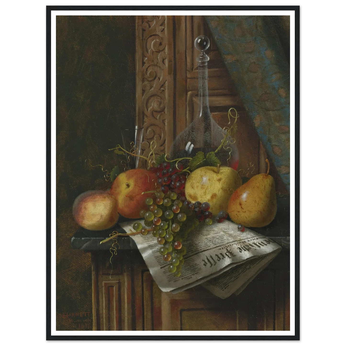 Still Life with Munich Newspaper, Fruit and Decanter (1881) Art Print | William Michael Harnett-Quipham Collections
