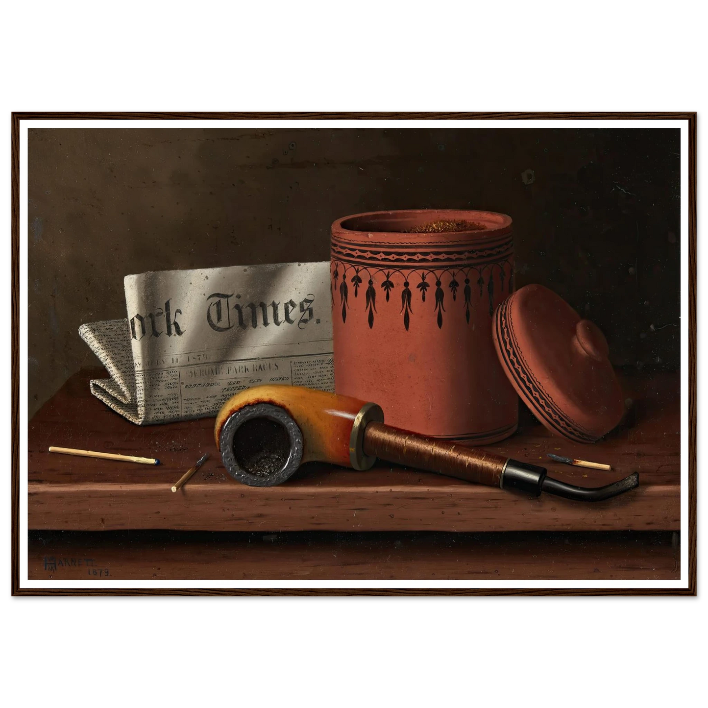 Still Life with New York Times, Tobacco Jar, Pipe and Matches (1879) Art Print | William Michael Harnett-Quipham Collections