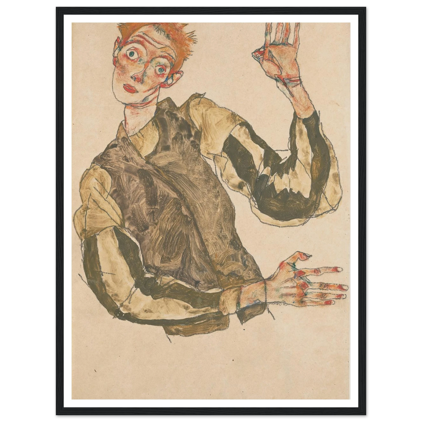 Self-Portrait with Striped Sleeves (1915) Art Print | Egon Schiele-Quipham Collections