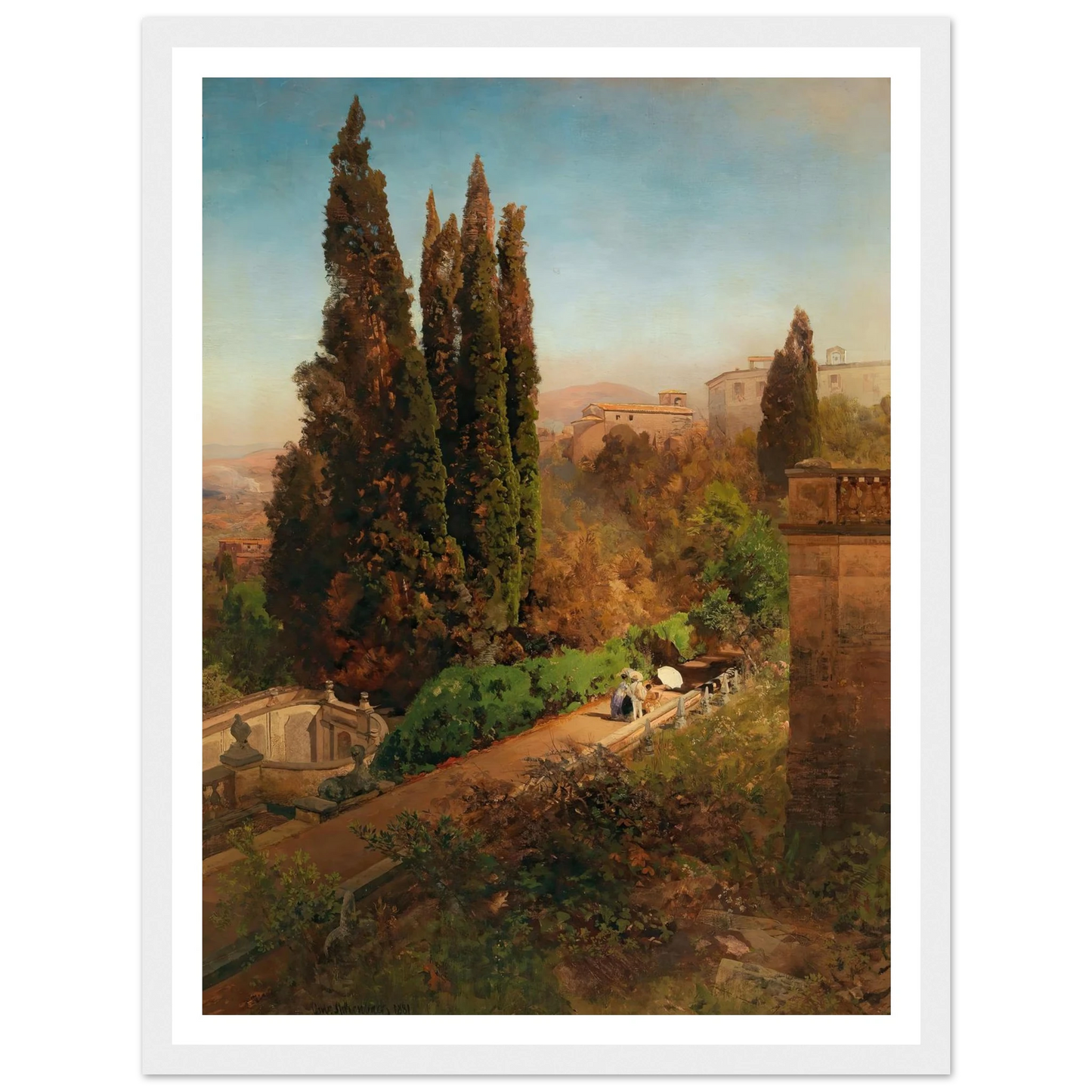 A view of the garden of Villa d’Este in Tivoli, near Rome Art Print | Oswald Achenbach-Quipham Collections