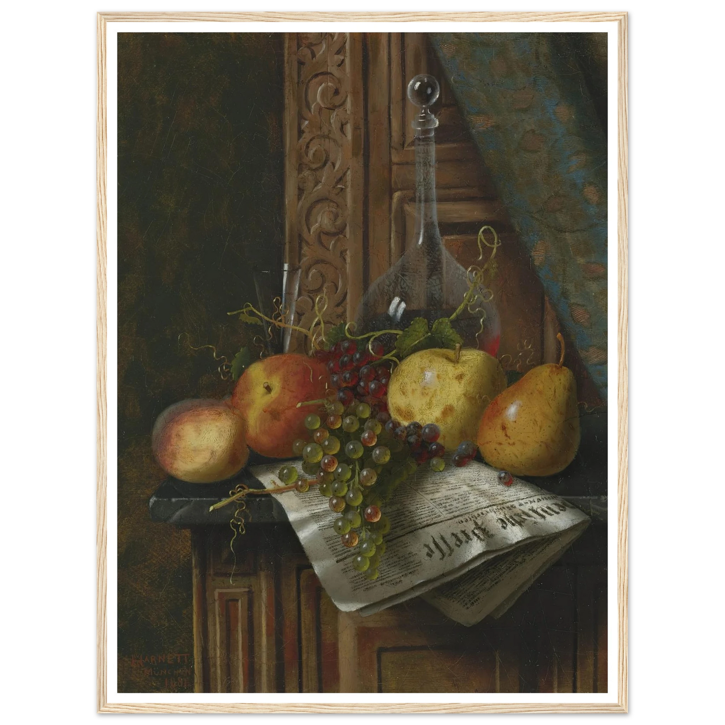 Still Life with Munich Newspaper, Fruit and Decanter (1881) Art Print | William Michael Harnett-Quipham Collections