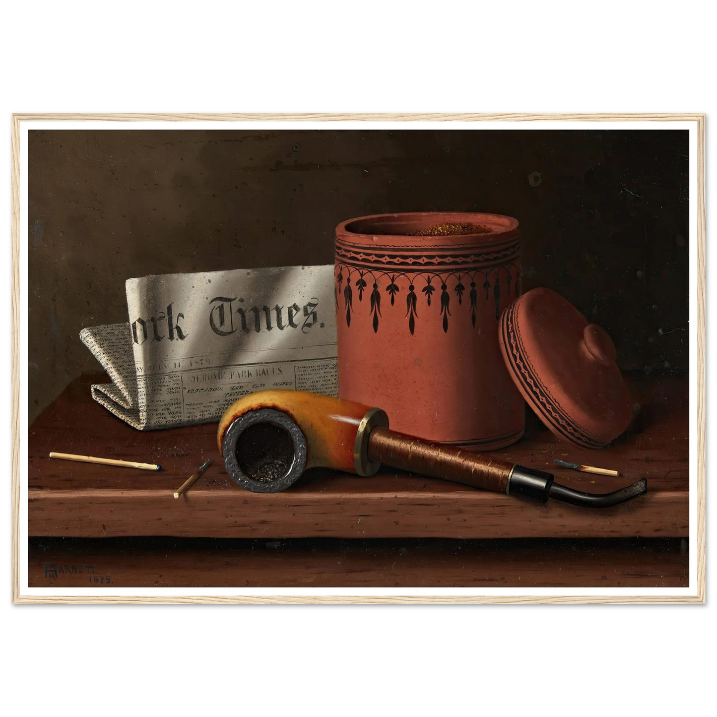 Still Life with New York Times, Tobacco Jar, Pipe and Matches (1879) Art Print | William Michael Harnett-Quipham Collections