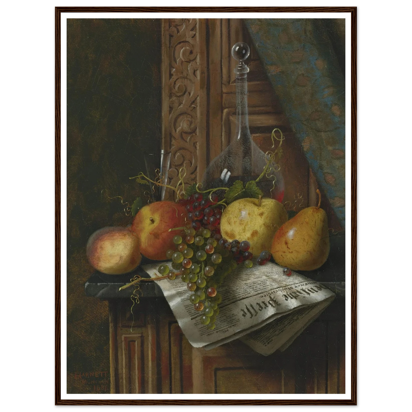 Still Life with Munich Newspaper, Fruit and Decanter (1881) Art Print | William Michael Harnett-Quipham Collections