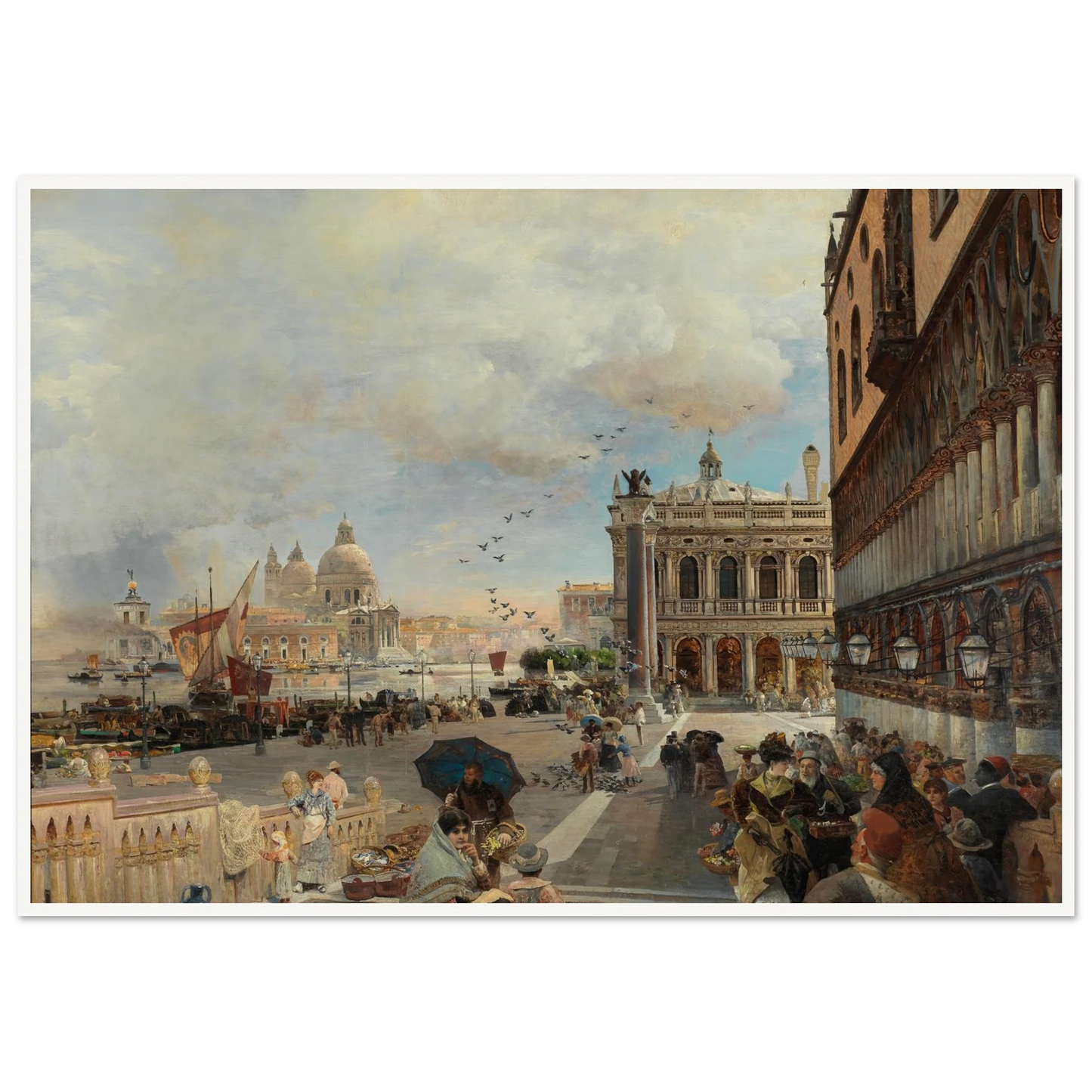 Venice, A View Of The Piazzetta, With The Biblioteca Marciana, Santa Maria Della Salute And The Dogana Art Print | Oswald Achenbach-Quipham Collections