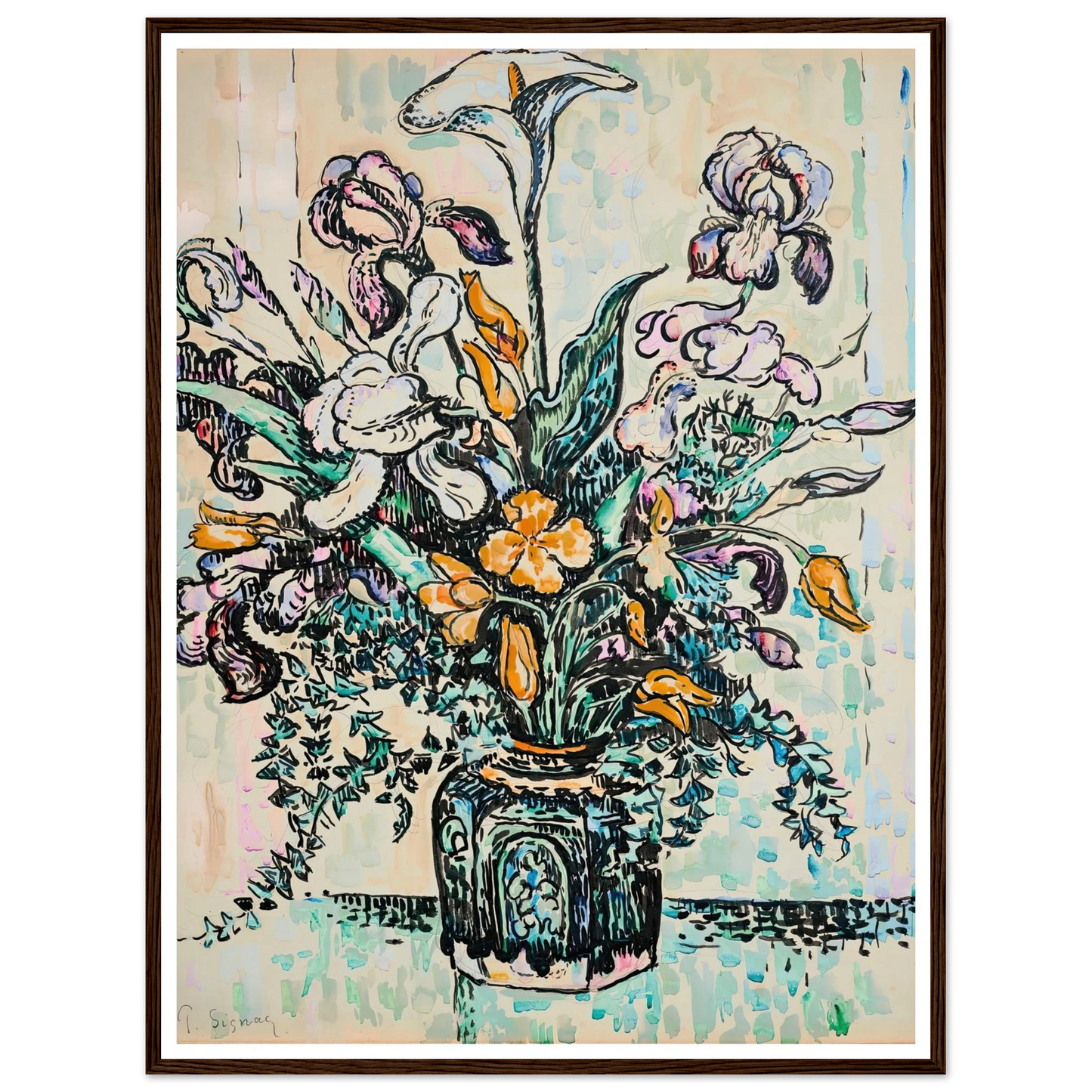 Bouquet (iris, arum, tulipes) dans un vase d’André Metthey (ca 1910) Art Print | Paul Signac-Quipham Collections