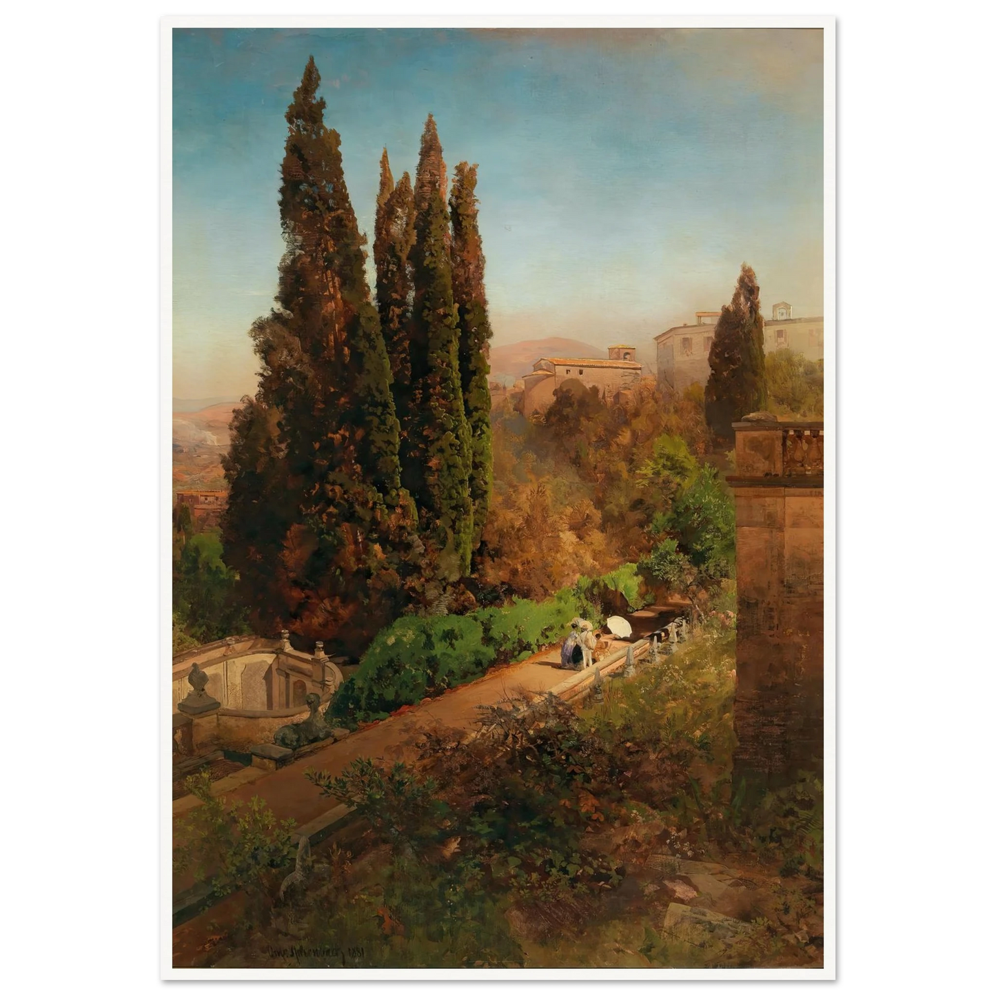 A view of the garden of Villa d’Este in Tivoli, near Rome Art Print | Oswald Achenbach-Quipham Collections