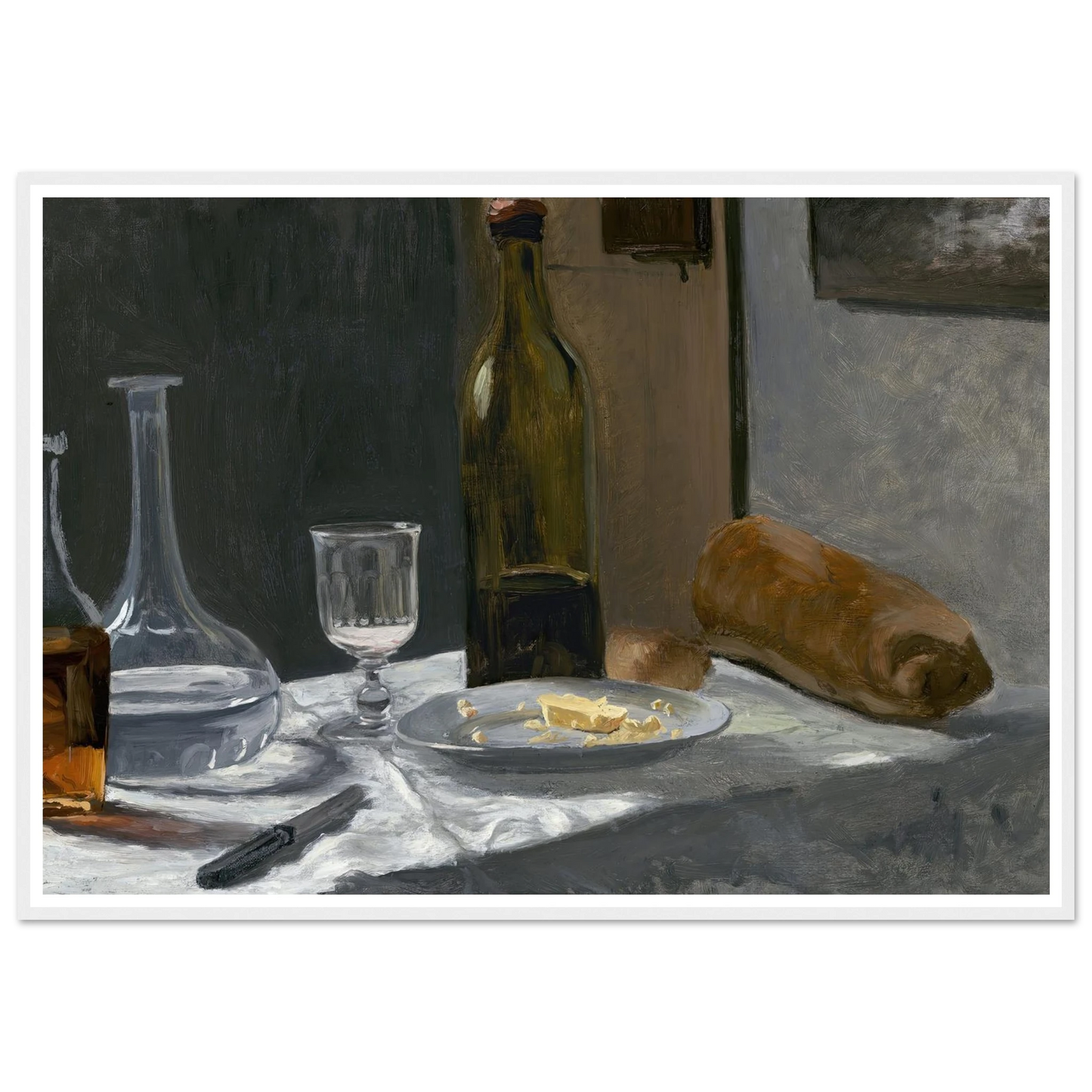 Still Life with Bottle,Carafe Bread and Wine (c. 1862-1863) Art Print | Claude Monet-Quipham Collections