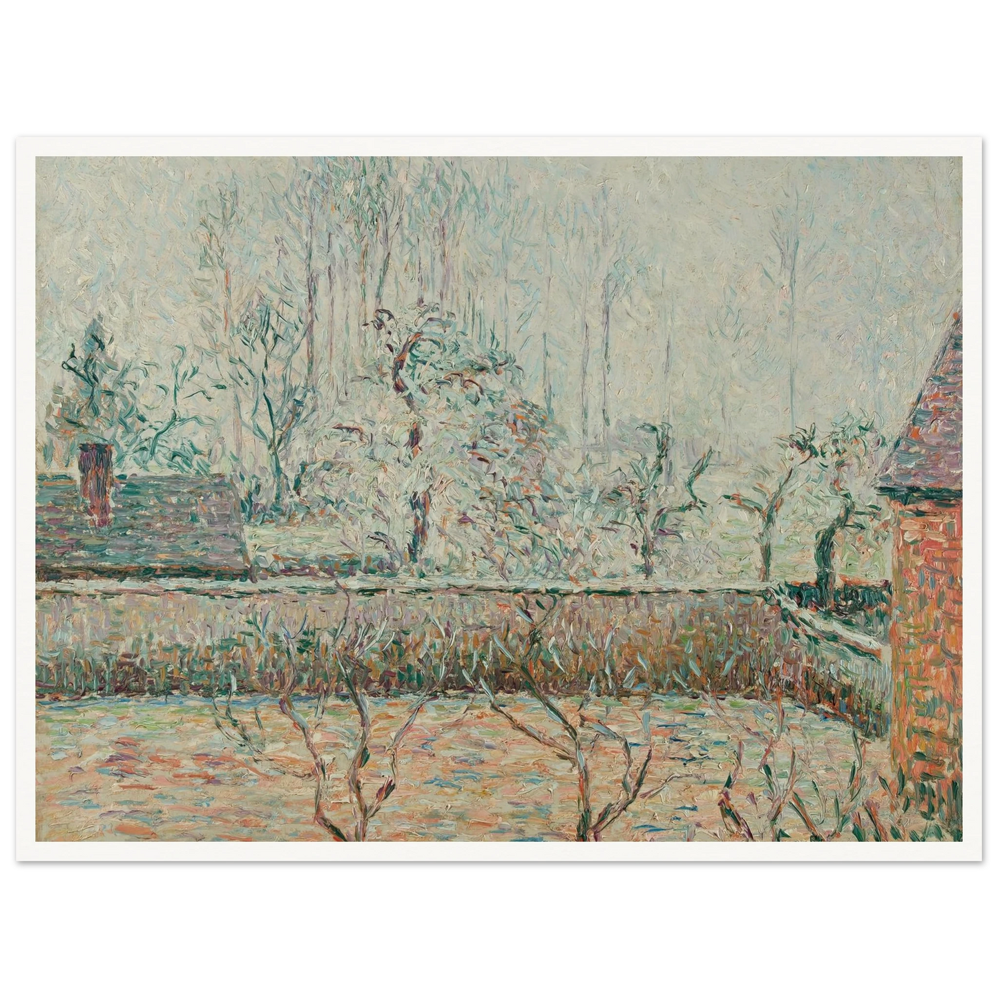 Paysage Avec Maisons Et Mur De Clôture, Givre Et Brume, Éragny (1892) Art Print | Camille Pissarro-Quipham Collections