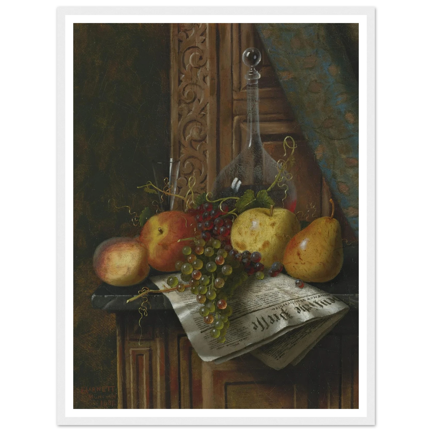 Still Life with Munich Newspaper, Fruit and Decanter (1881) Art Print | William Michael Harnett-Quipham Collections