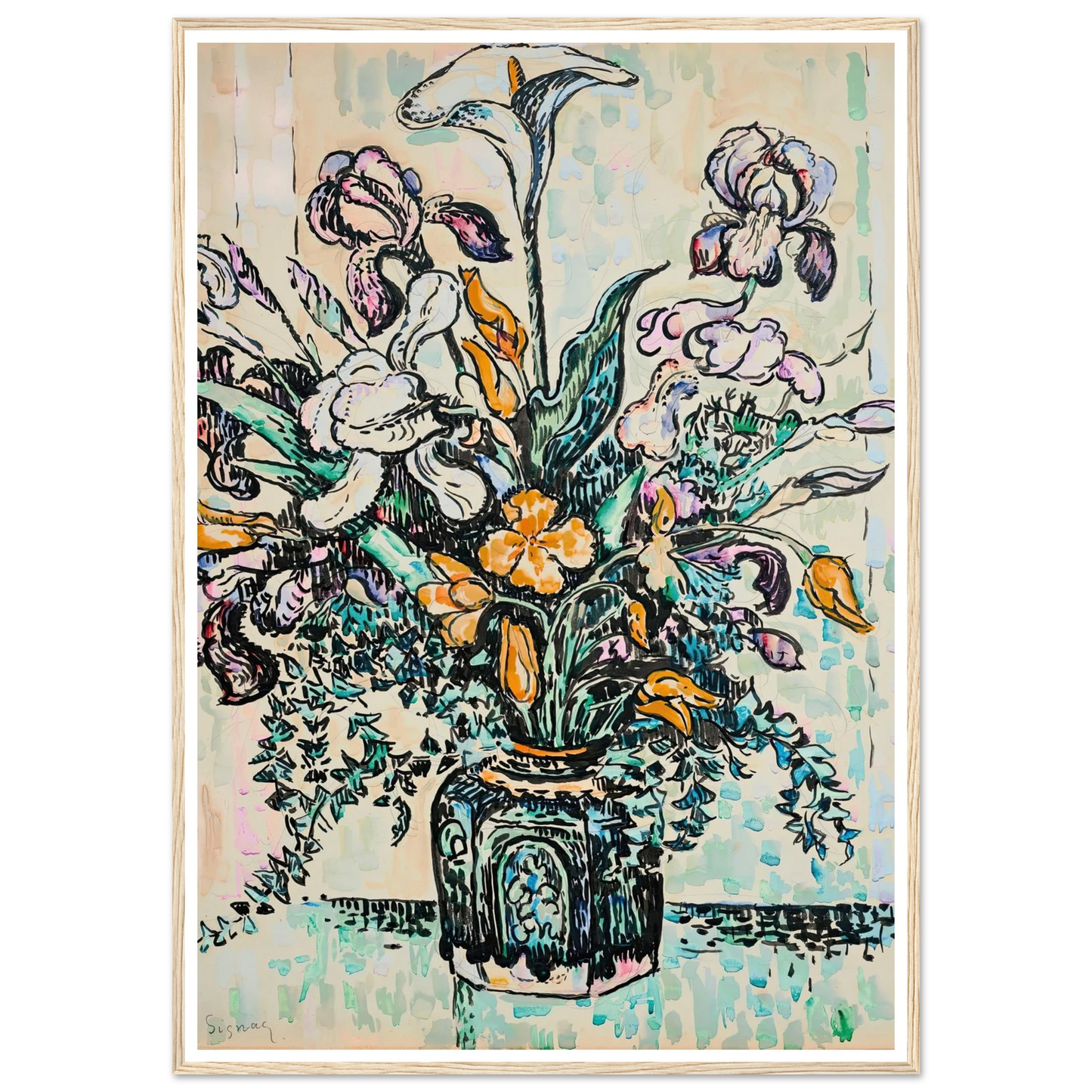 Bouquet (iris, arum, tulipes) dans un vase d’André Metthey (ca 1910) Art Print | Paul Signac-Quipham Collections