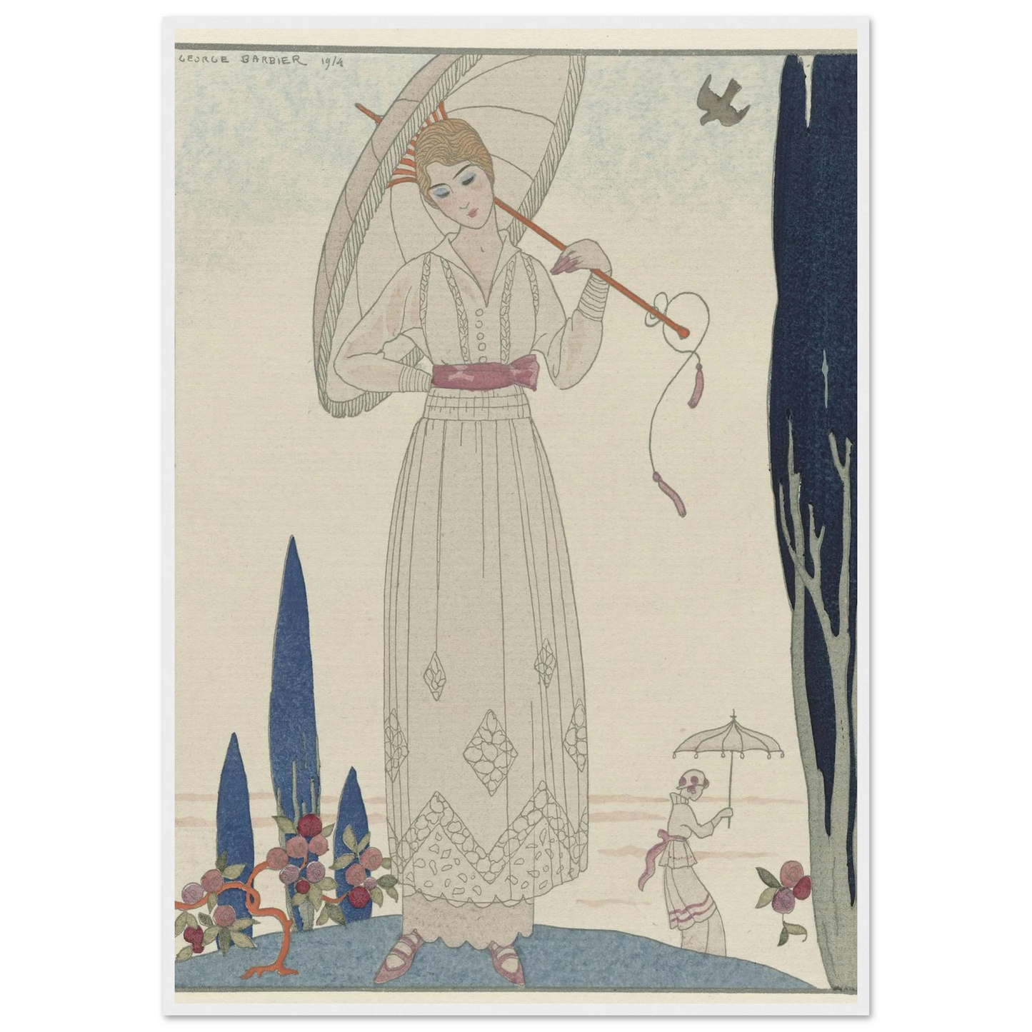Le cyprès et la rose ; Robe d’été de Doeuillet (1914) Art Print | George Barbier-Quipham Collections