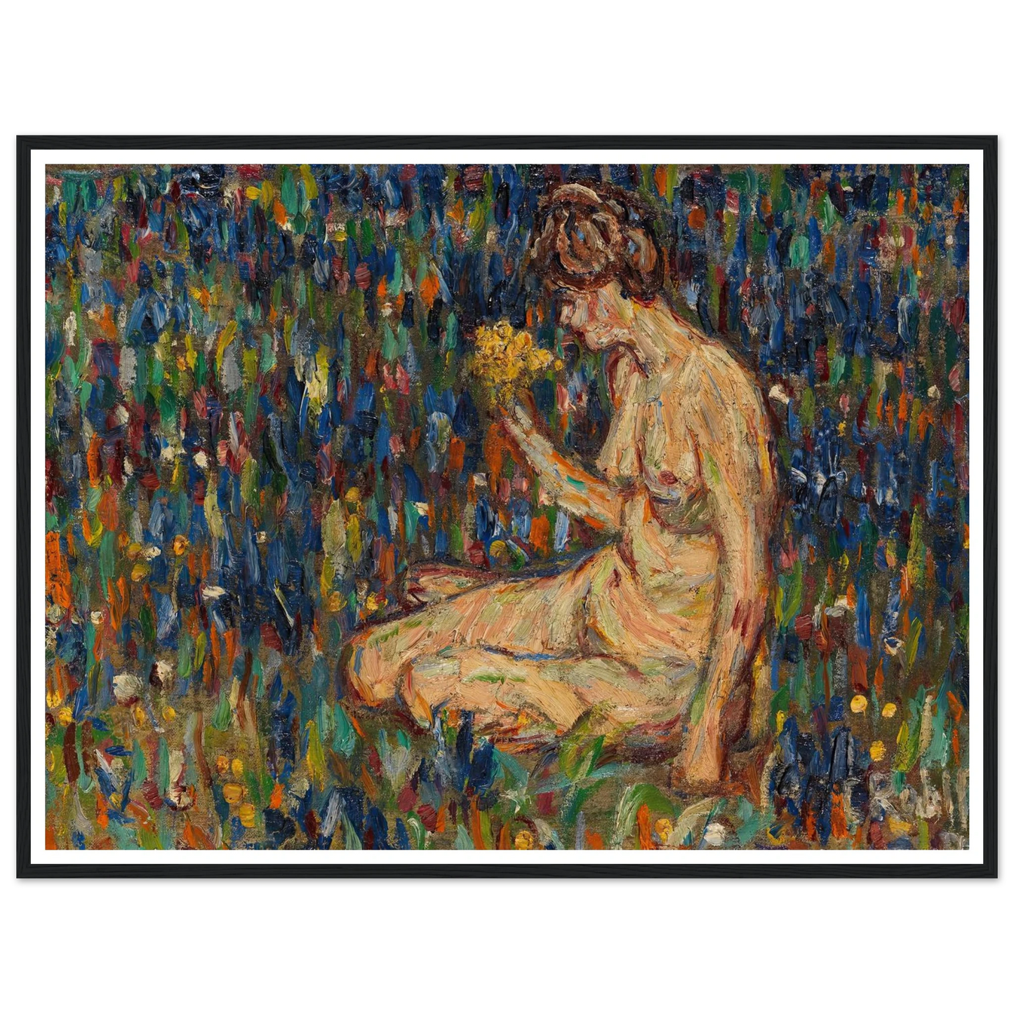 Frauenakt mit gelbem Blumenstrauß (Mädchen auf der Wiese) (1905) Art Print | Christian Rohlfs-Quipham Collections