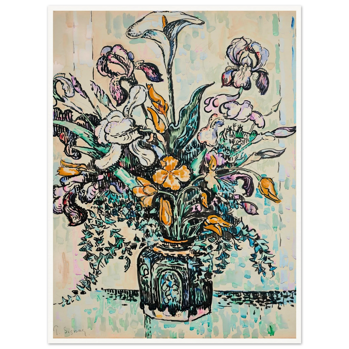 Bouquet (iris, arum, tulipes) dans un vase d’André Metthey (ca 1910) Art Print | Paul Signac-Quipham Collections