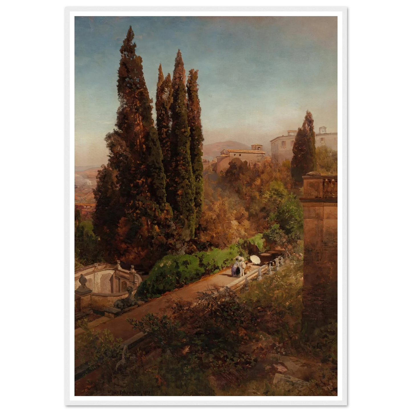 View from high in the gardens of Villa Torlonia, Frascati, Rome (1881) Art Print | Oswald Achenbach-Quipham Collections