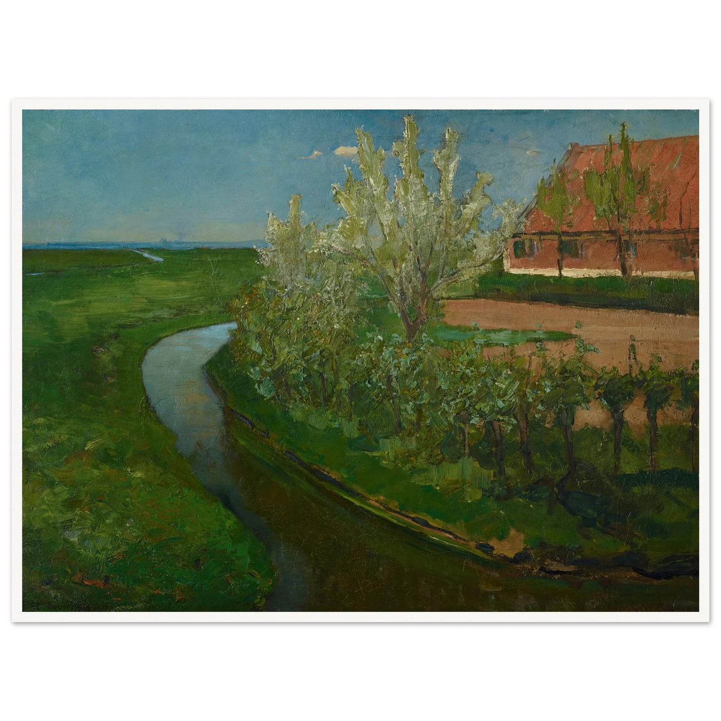 Gebogen irrigatiegracht grenzend aan boerenerf met Bloeiende bomen (Curved Irrigation Ditch Bordering Farmyard with Flowering Trees) (1902) Art Print | Piet Mondrian-Quipham Collections
