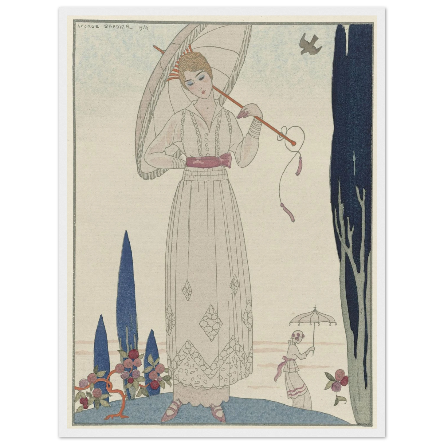 Le cyprès et la rose ; Robe d’été de Doeuillet (1914) Art Print | George Barbier-Quipham Collections