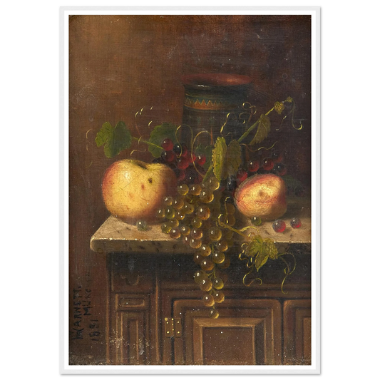 Still Life with Egyptian Vase, Apples and Grapes on a Marble Top Console (1881) Art Print | William Michael Harnett-Quipham Collections