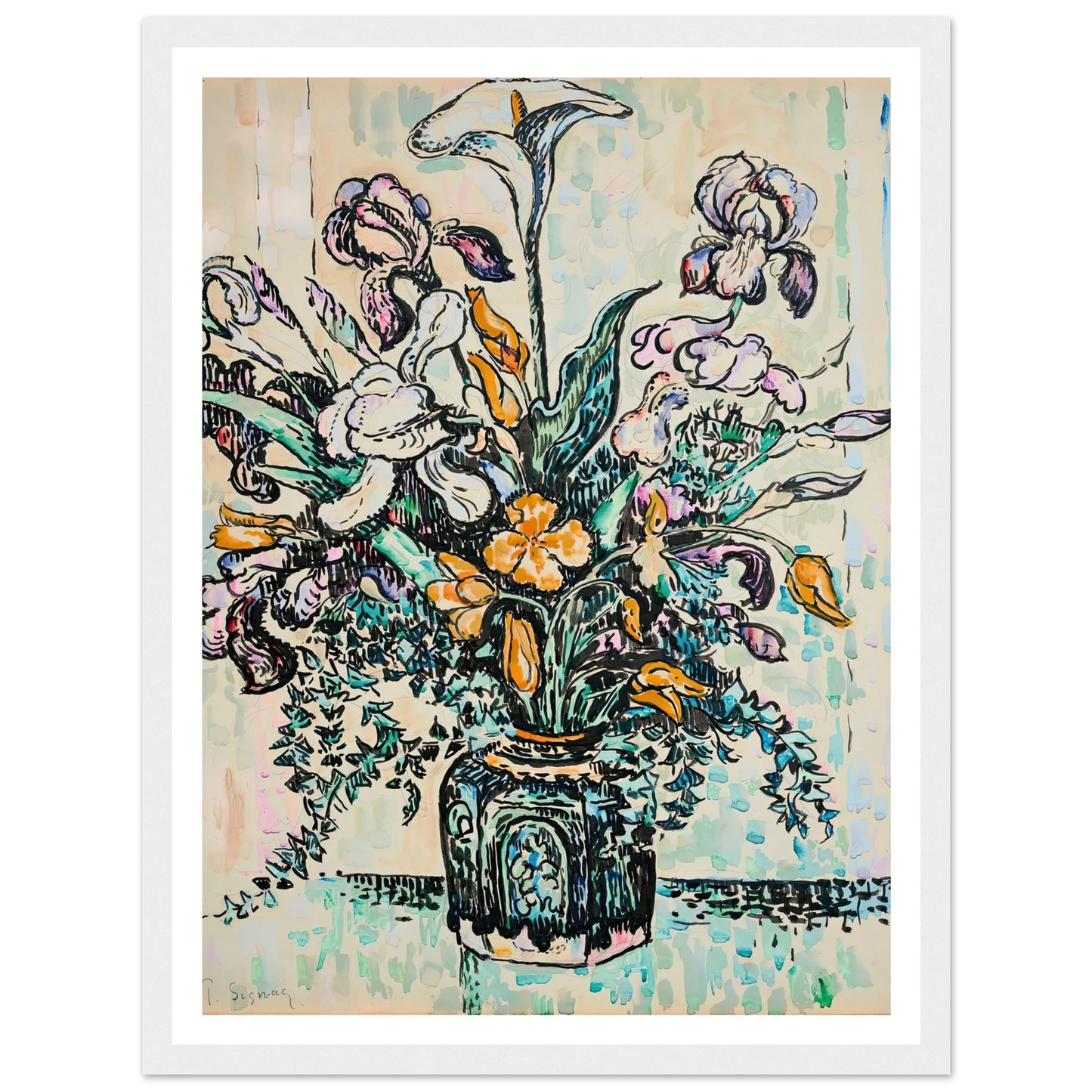 Bouquet (iris, arum, tulipes) dans un vase d’André Metthey (ca 1910) Art Print | Paul Signac-Quipham Collections