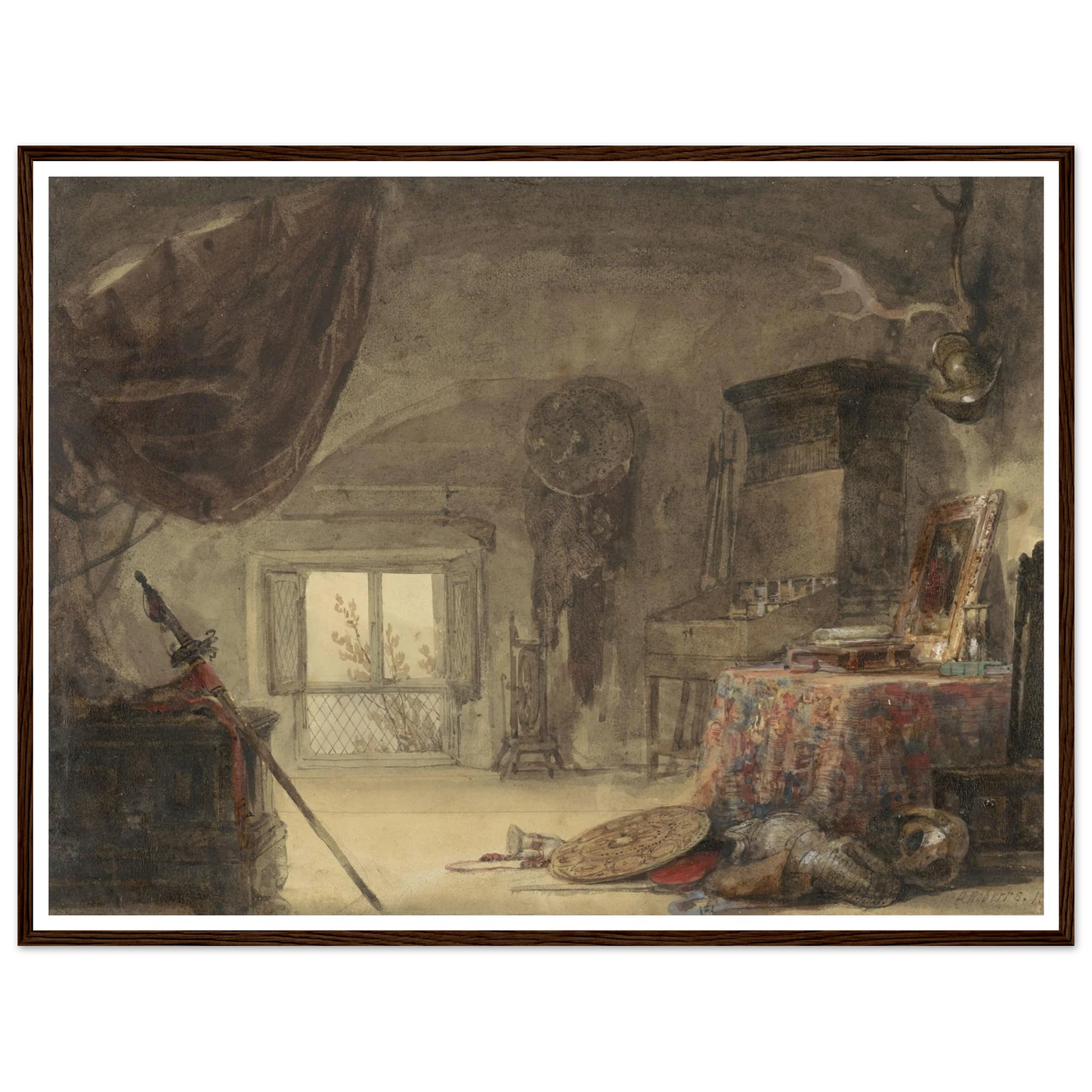Zoldervertrek, ingericht als atelier (1830 - 1839) Art Print | David Roberts-Quipham Collections