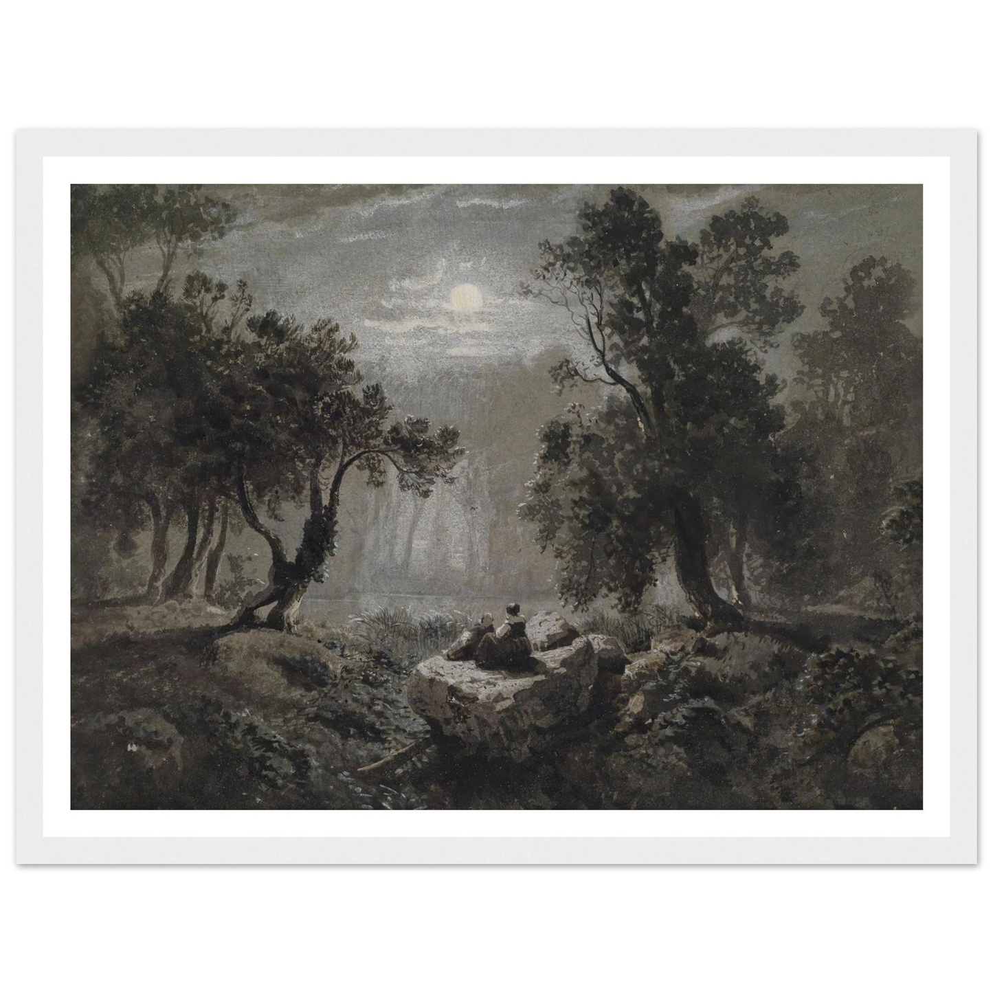 Eine romantische Waldlandschaft im Mondlicht Art Print | Oswald Achenbach-Quipham Collections