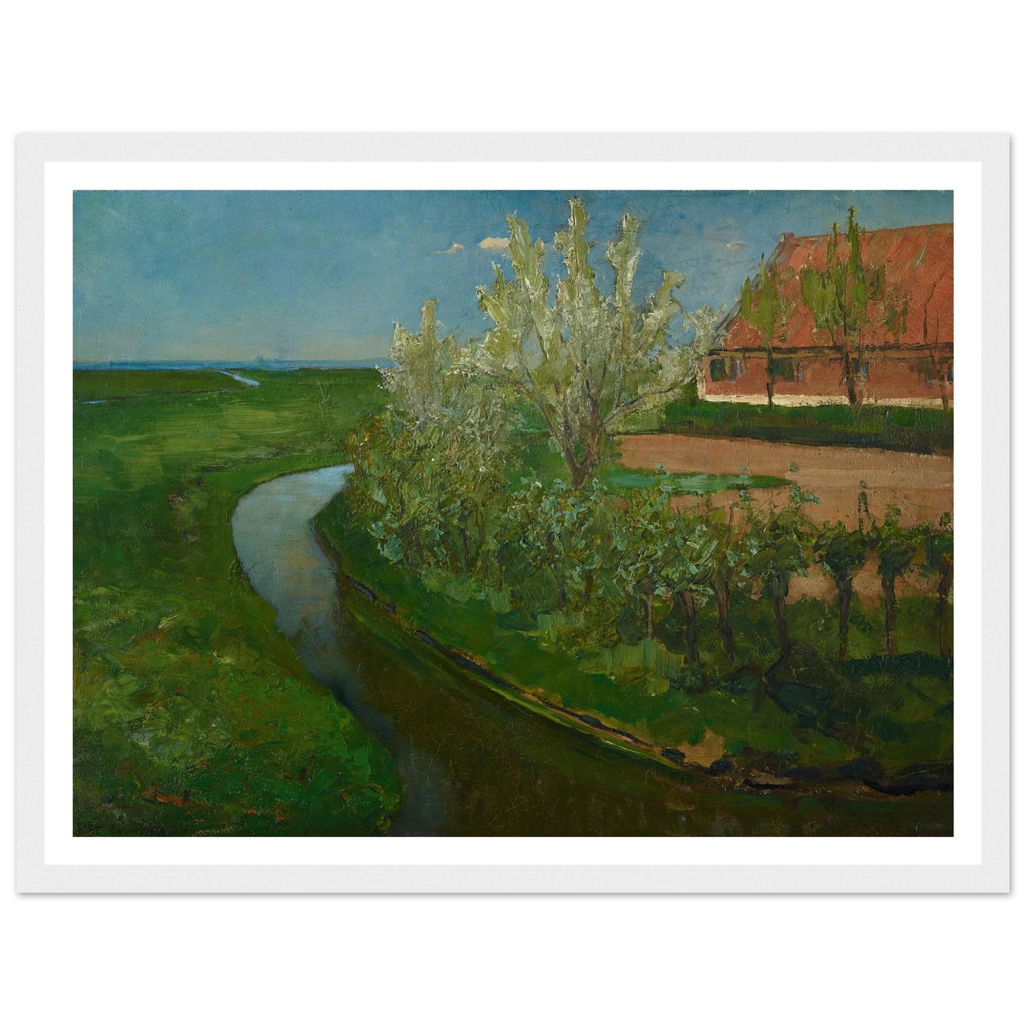 Gebogen irrigatiegracht grenzend aan boerenerf met Bloeiende bomen (Curved Irrigation Ditch Bordering Farmyard with Flowering Trees) (1902) Art Print | Piet Mondrian-Quipham Collections