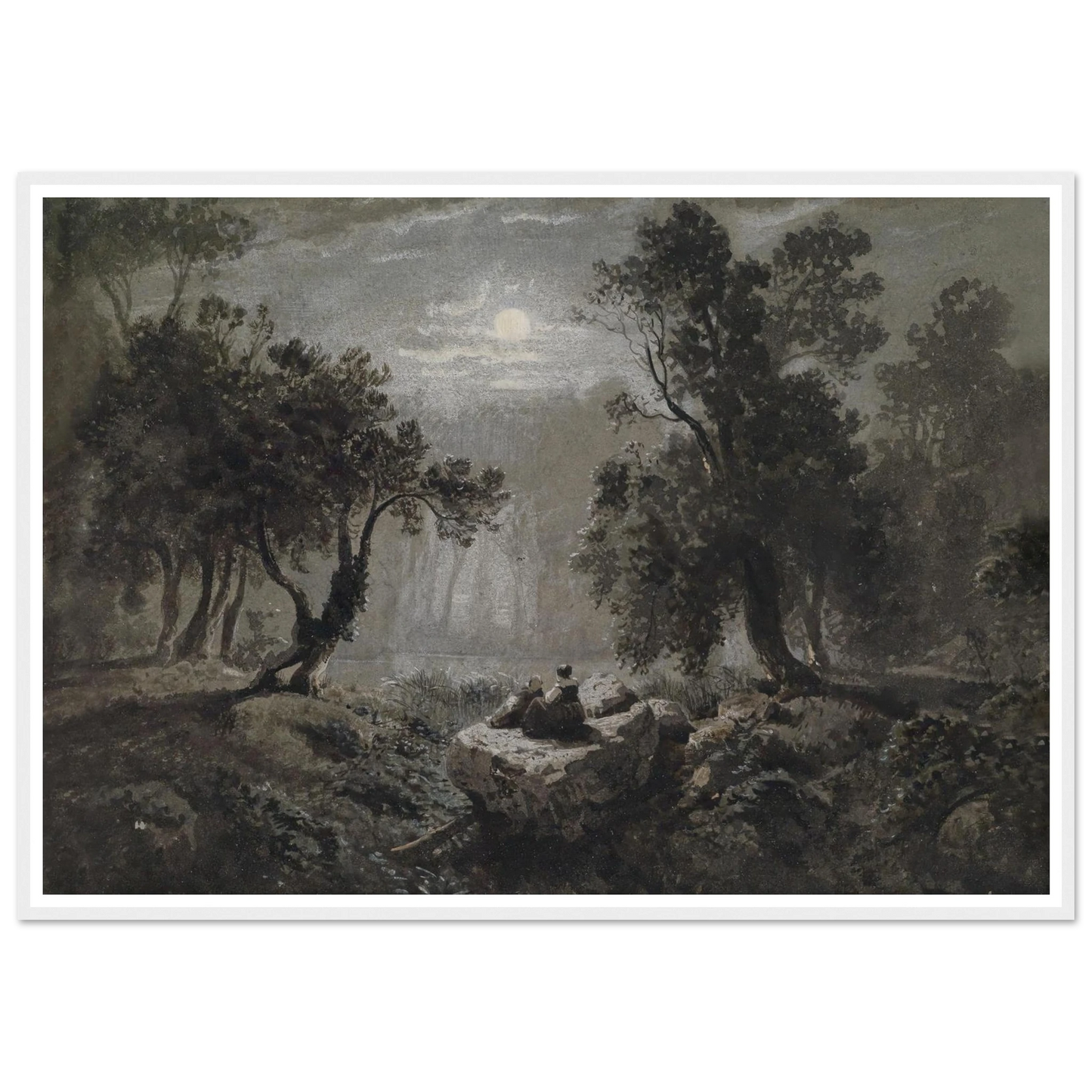 Eine romantische Waldlandschaft im Mondlicht Art Print | Oswald Achenbach-Quipham Collections