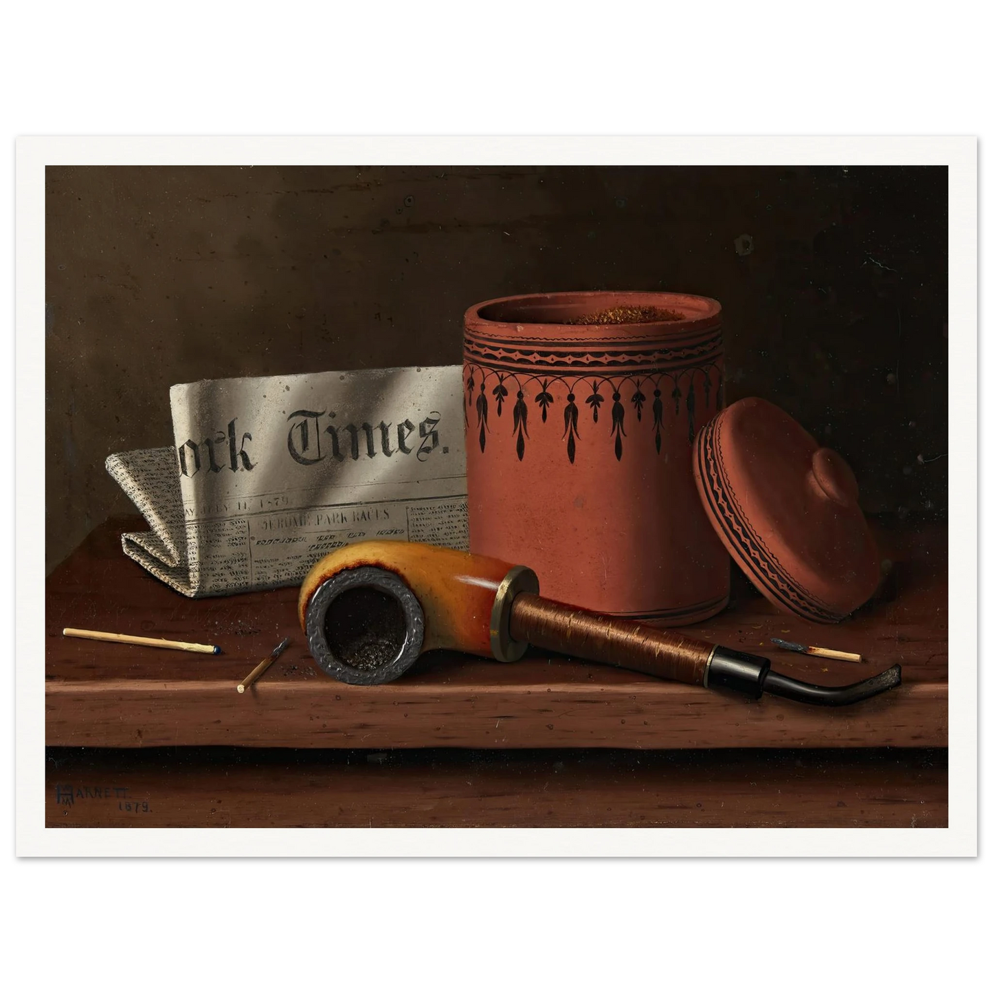 Still Life with New York Times, Tobacco Jar, Pipe and Matches (1879) Art Print | William Michael Harnett-Quipham Collections