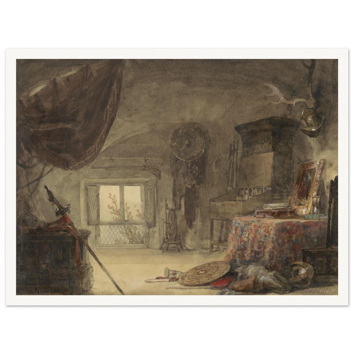 Zoldervertrek, ingericht als atelier (1830 - 1839) Art Print | David Roberts-Quipham Collections