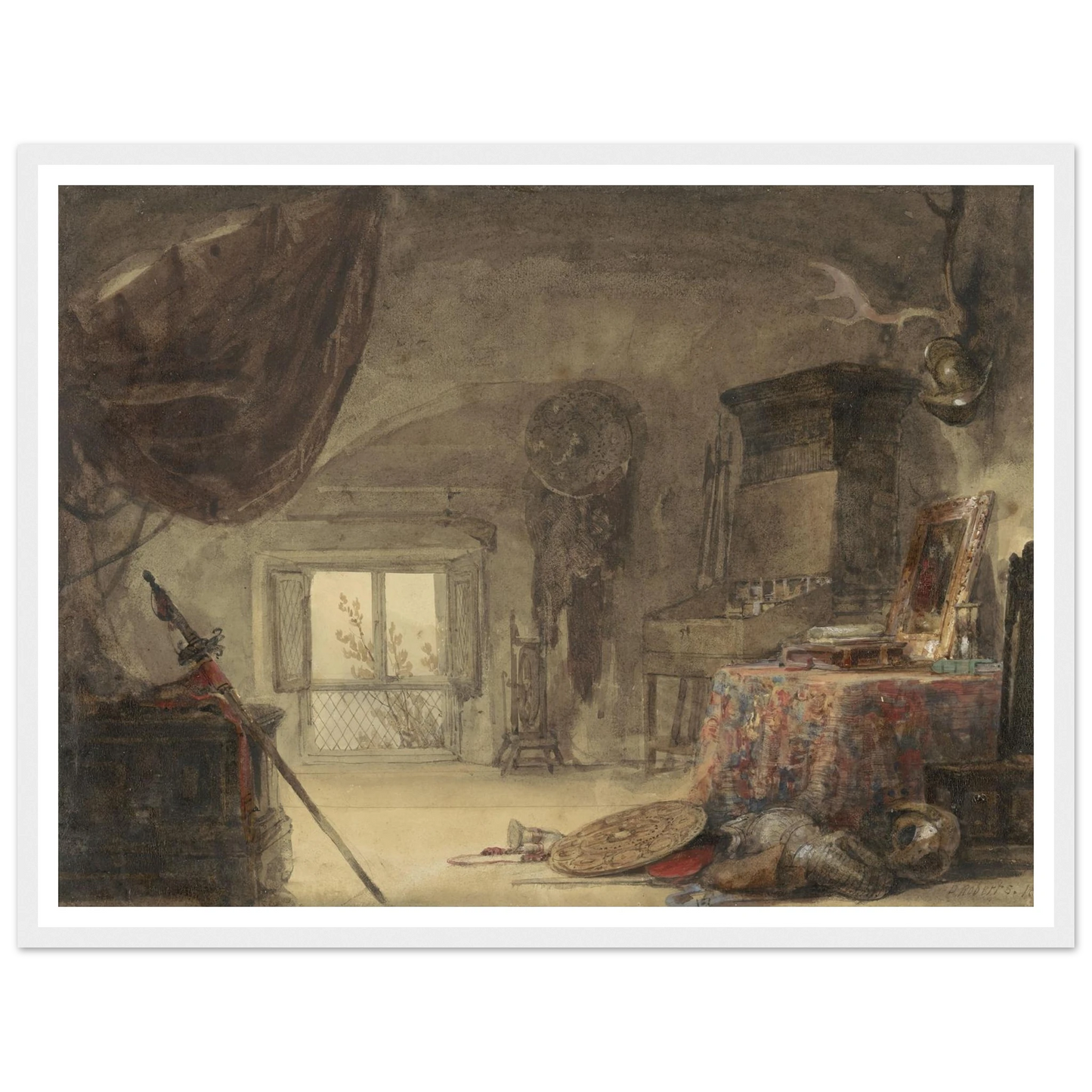 Zoldervertrek, ingericht als atelier (1830 - 1839) Art Print | David Roberts-Quipham Collections