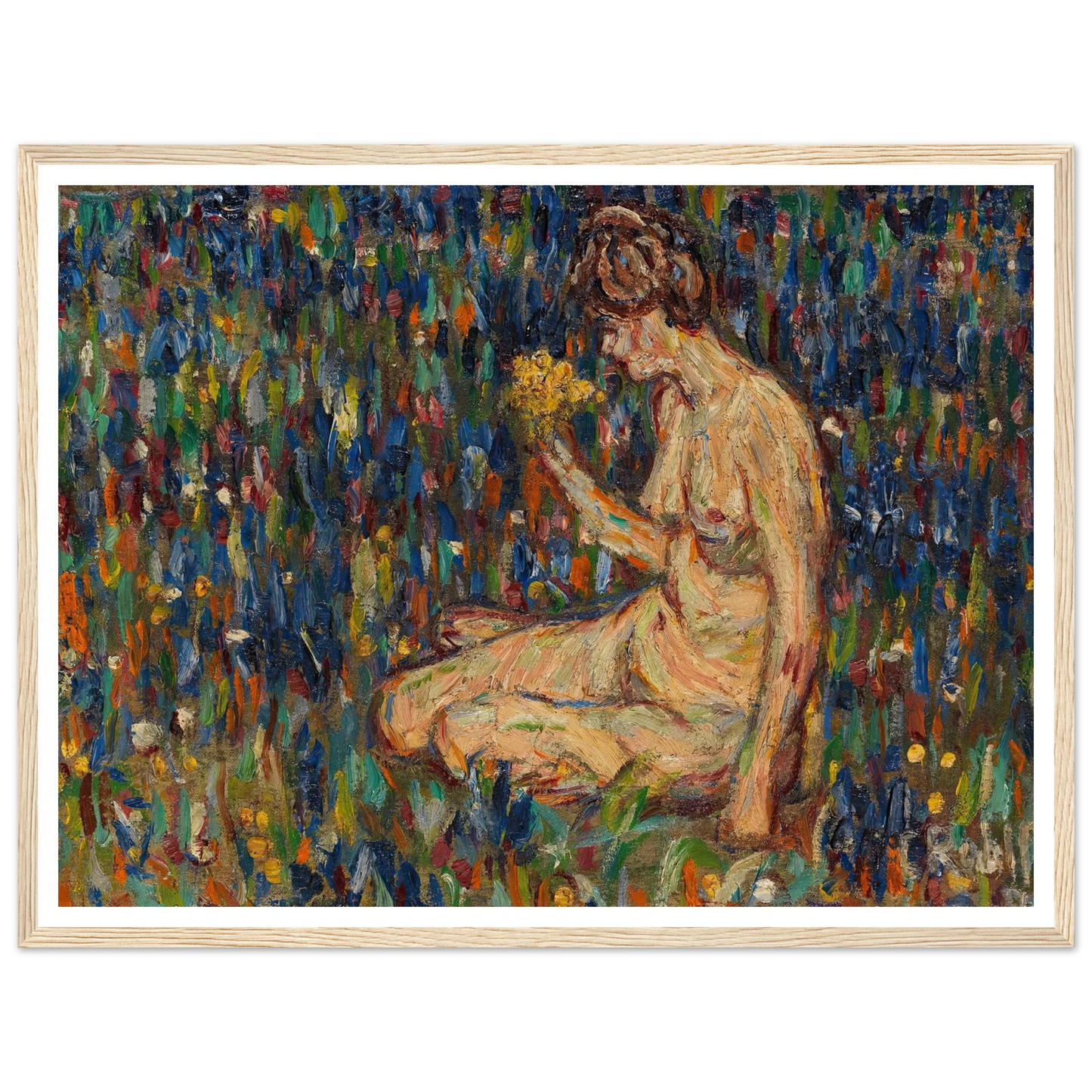 Frauenakt mit gelbem Blumenstrauß (Mädchen auf der Wiese) (1905) Art Print | Christian Rohlfs-Quipham Collections