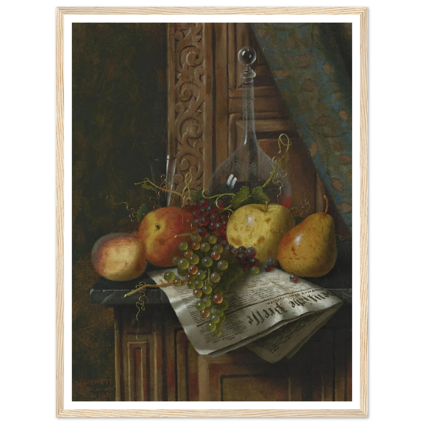 Still Life with Munich Newspaper, Fruit and Decanter (1881) Art Print | William Michael Harnett-Quipham Collections