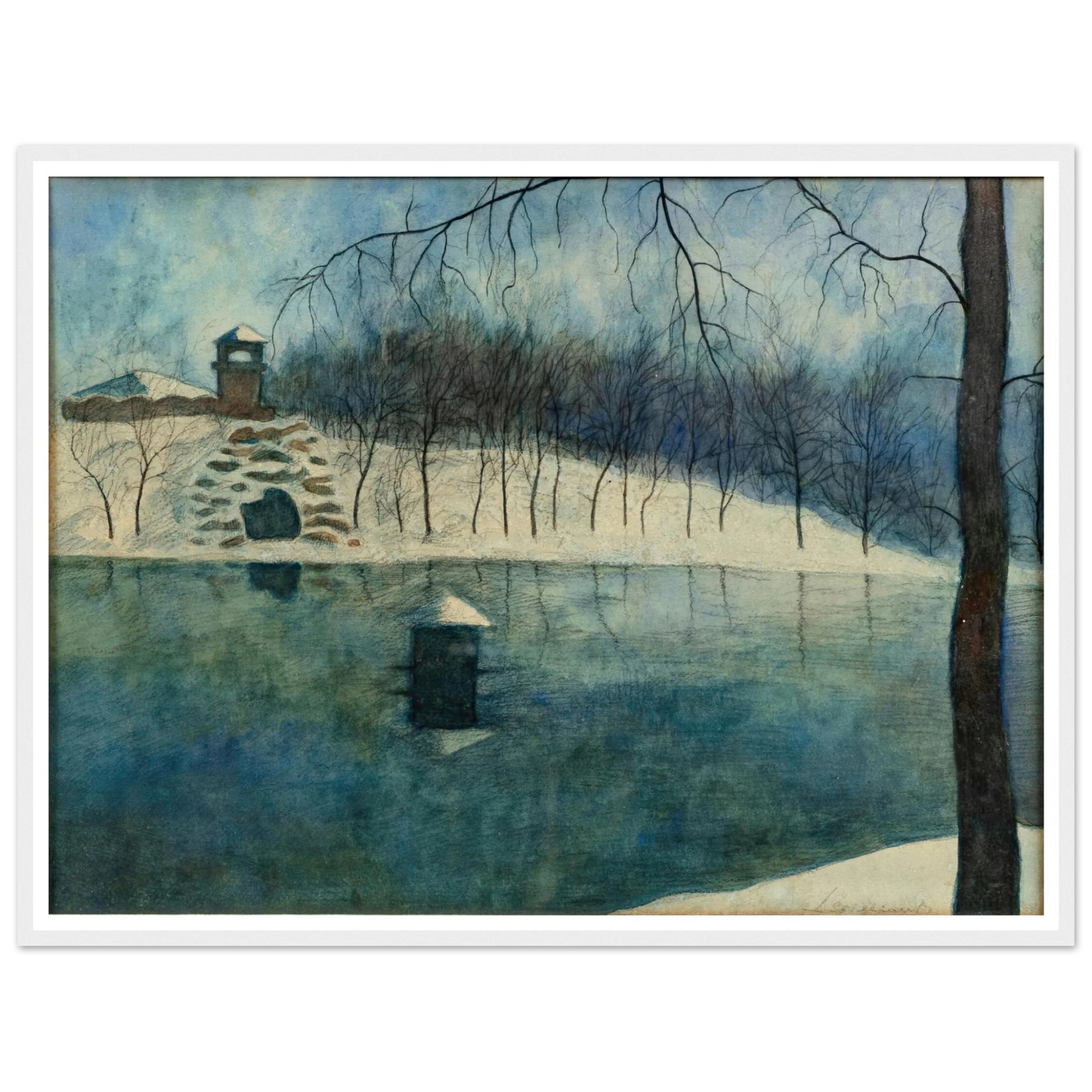 Le parc Léopold d’Ostende avec l’étang et le Trinkhall, sous la neige (1915) Art Print | Leon Spilliaert-Quipham Collections