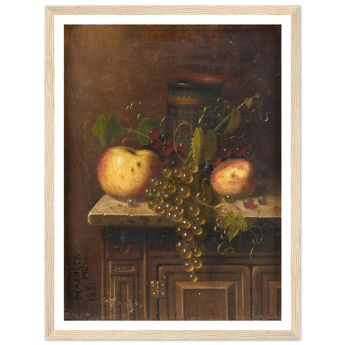 Still Life with Egyptian Vase, Apples and Grapes on a Marble Top Console (1881) Art Print | William Michael Harnett-Quipham Collections