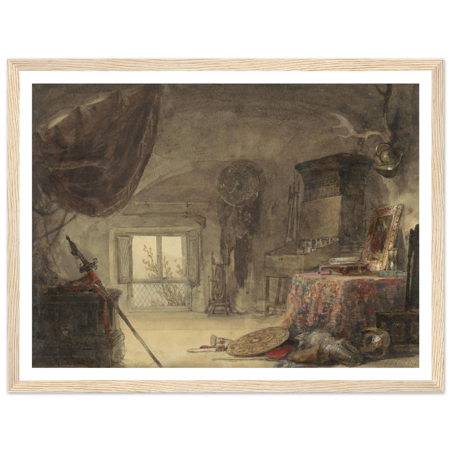 Zoldervertrek, ingericht als atelier (1830 - 1839) Art Print | David Roberts-Quipham Collections