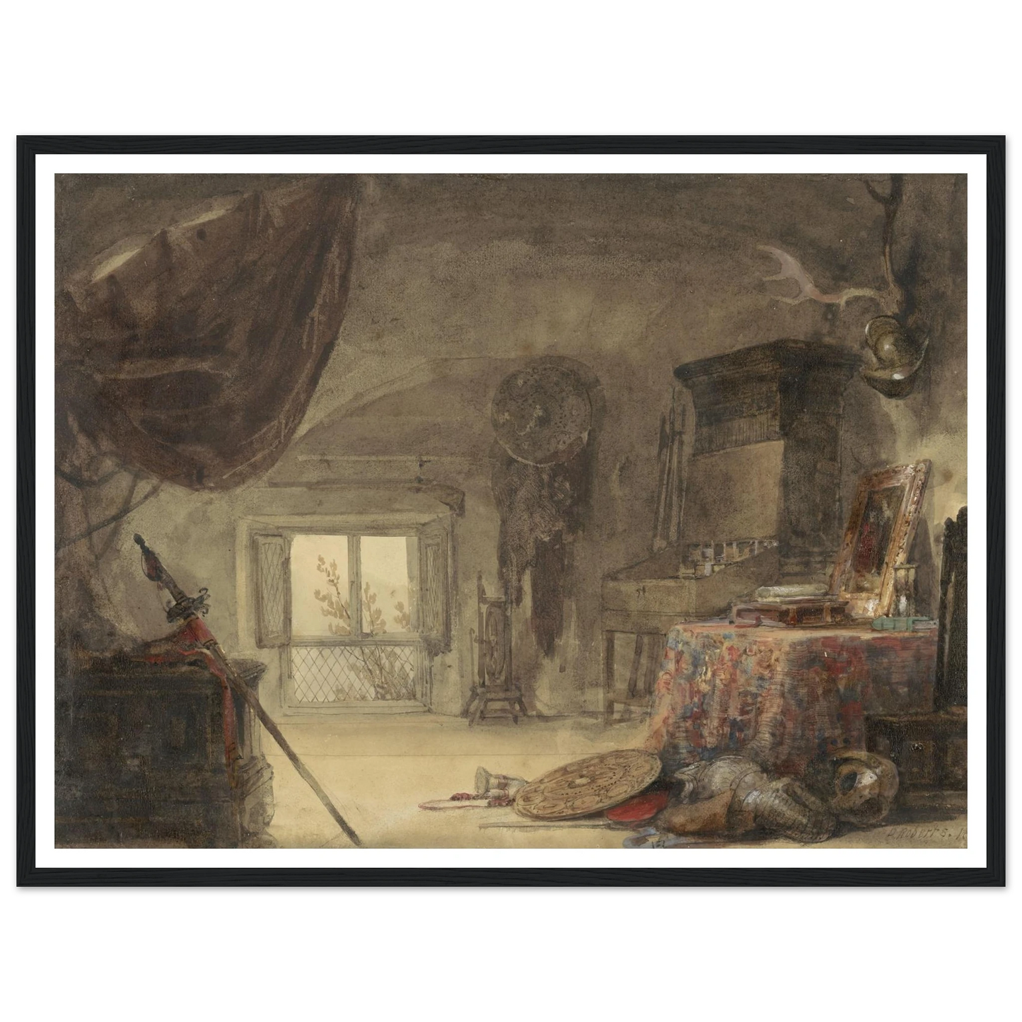 Zoldervertrek, ingericht als atelier (1830 - 1839) Art Print | David Roberts-Quipham Collections