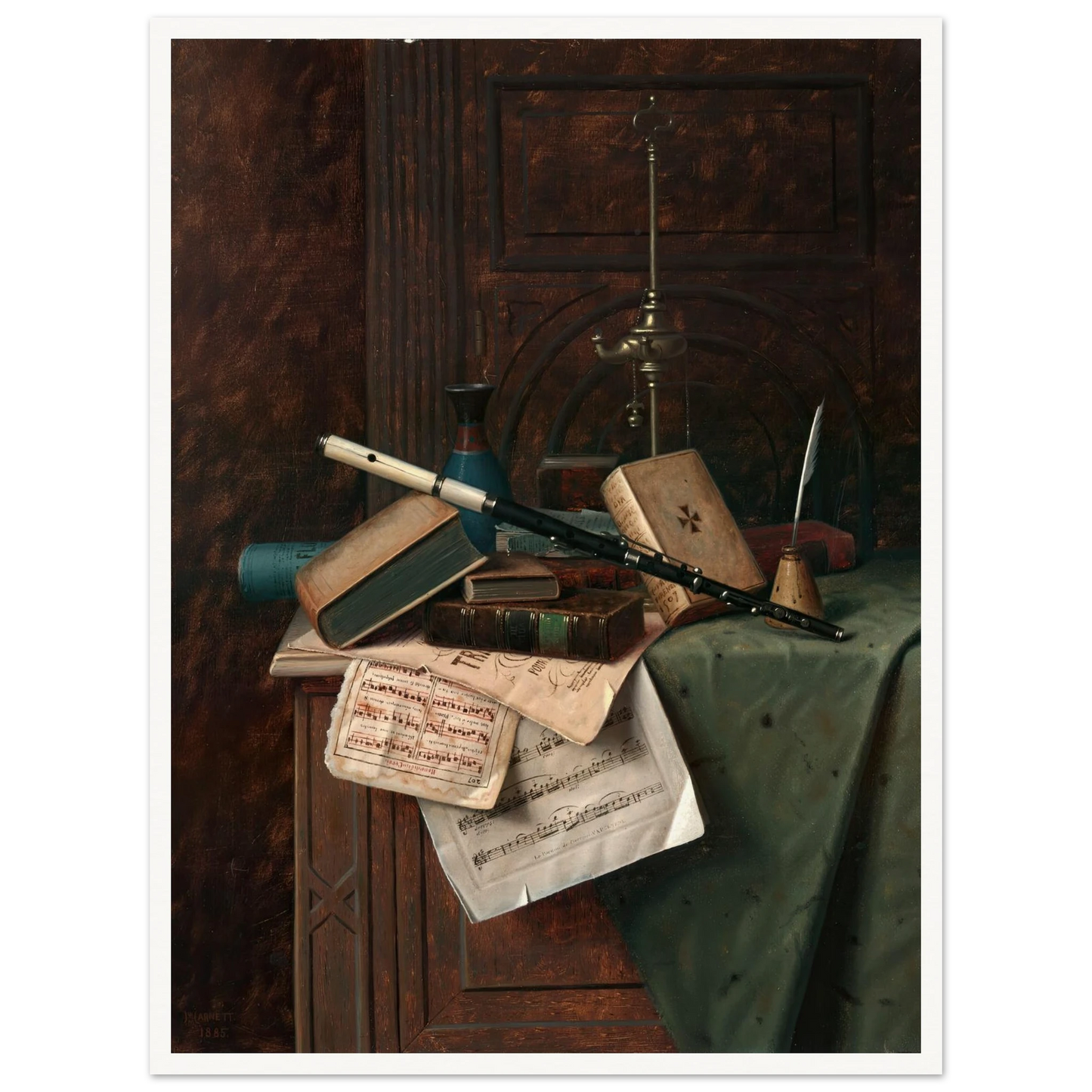 Still Life with Flute, Vase and Roman Lamp (1885) Art Print | William Michael Harnett-Quipham Collections